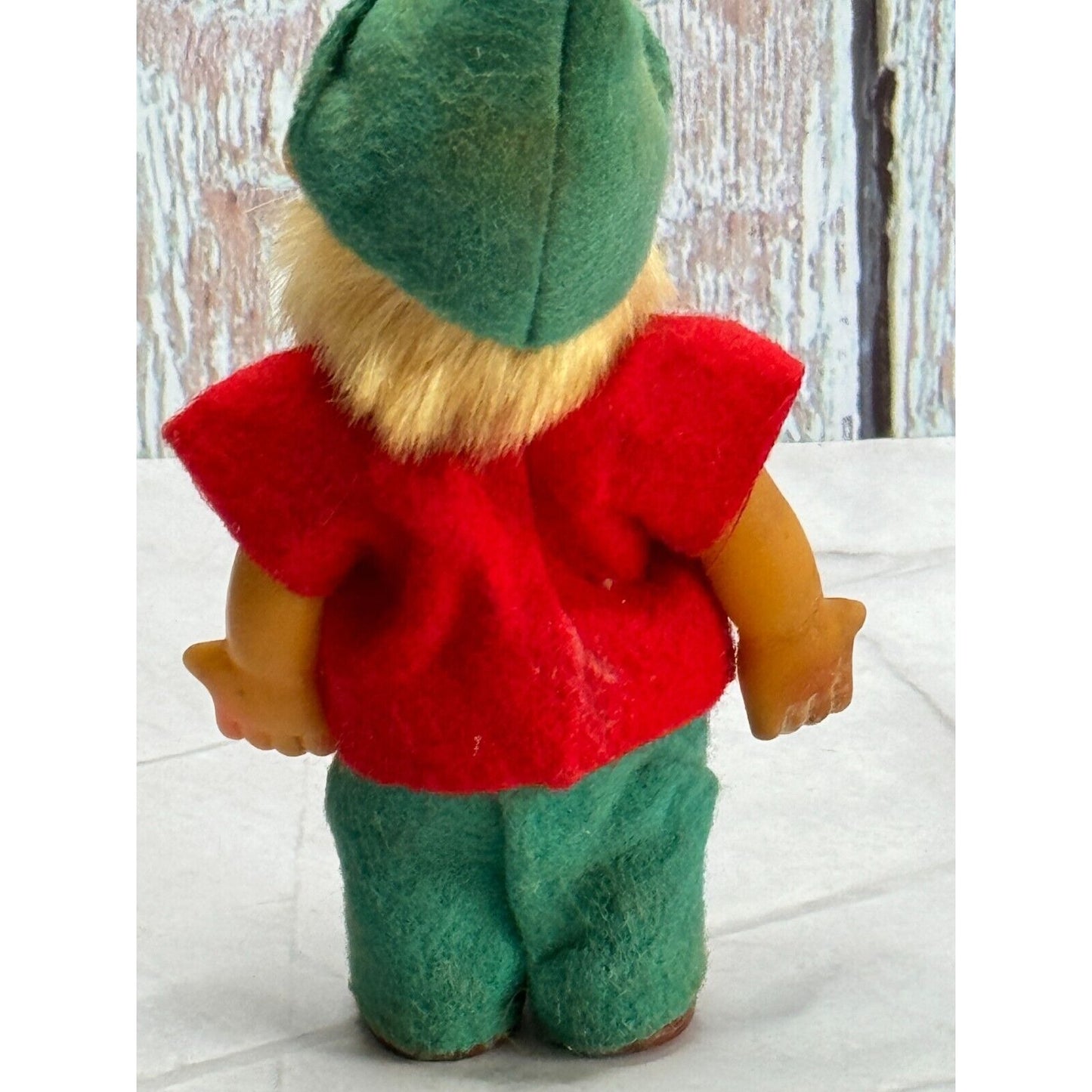 Vintage Plastic Chenille Gnome Elf with Articulated Head Arms Spun Cotton Beard
