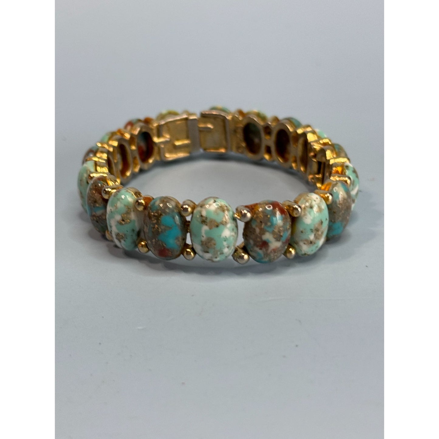 MCM HAR Designer Signed Turquoise Hinged Cuff Bracelet 6" Vintage Gold Tone Jewelry