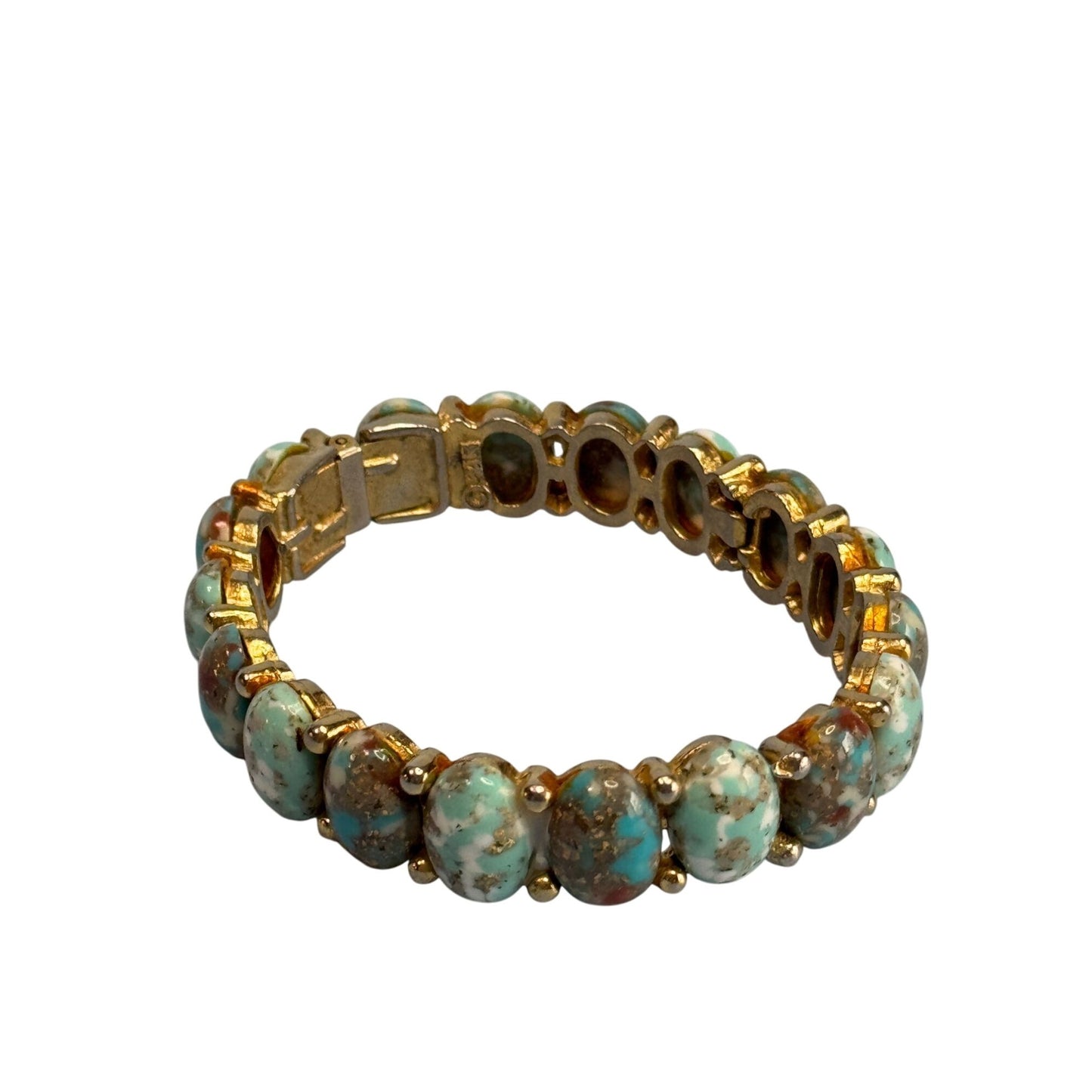 MCM HAR Designer Signed Turquoise Hinged Cuff Bracelet 6" Vintage Gold Tone Jewelry