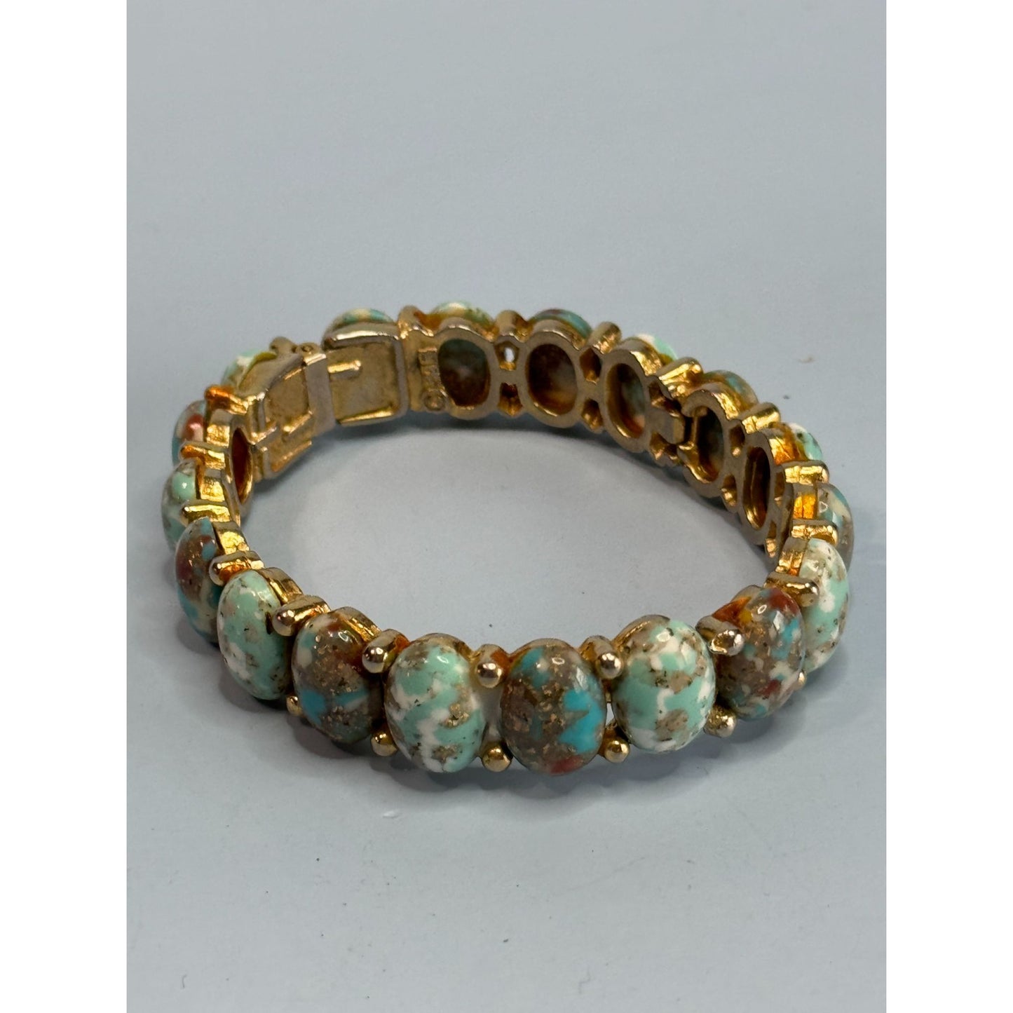 MCM HAR Designer Signed Turquoise Hinged Cuff Bracelet 6" Vintage Gold Tone Jewelry
