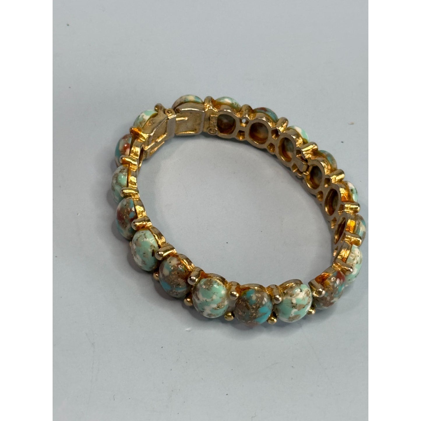 MCM HAR Designer Signed Turquoise Hinged Cuff Bracelet 6" Vintage Gold Tone Jewelry