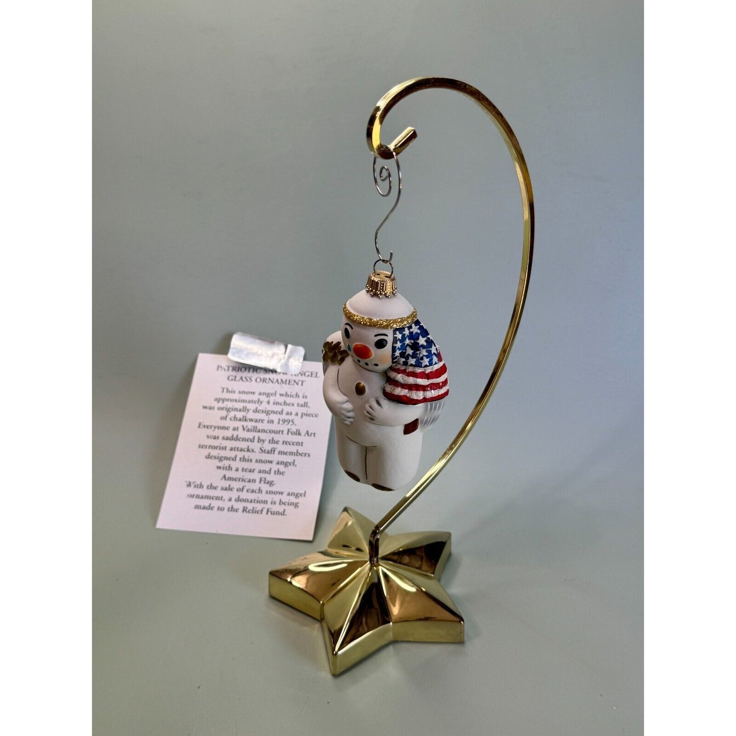 Vaillancourt Folk Art Patriotic Snowman Angel Glass Ornament 2001 w/Stand & Card