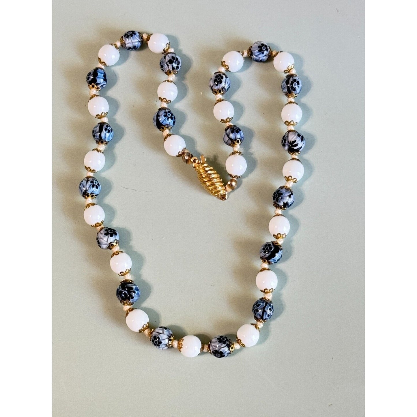 Vintage Venetian Millefiori Blue Floral and White Glass Beaded Necklace 16"