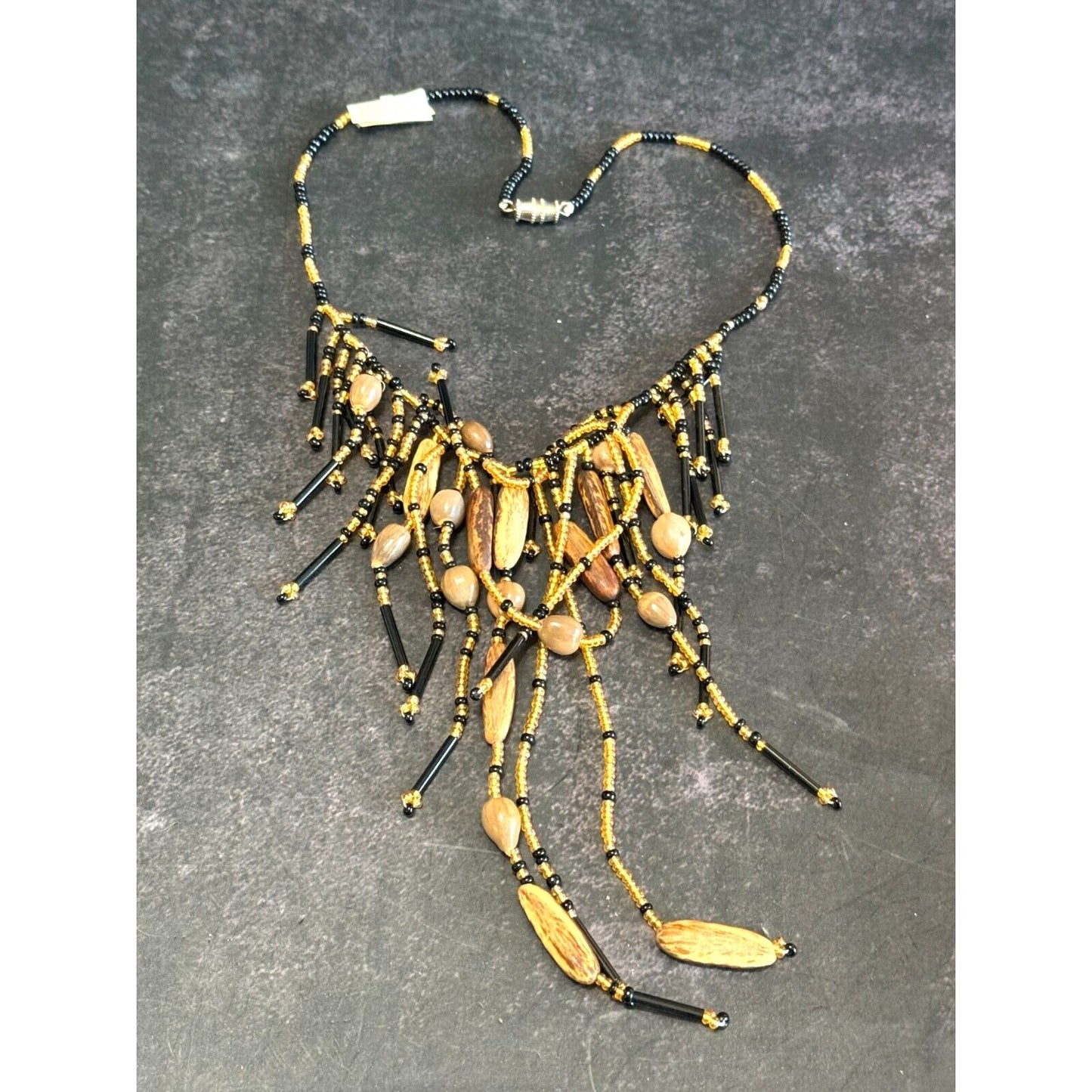 Artisan Amber Black Quartz & Nut Beaded Fringe Choker Necklace 14"