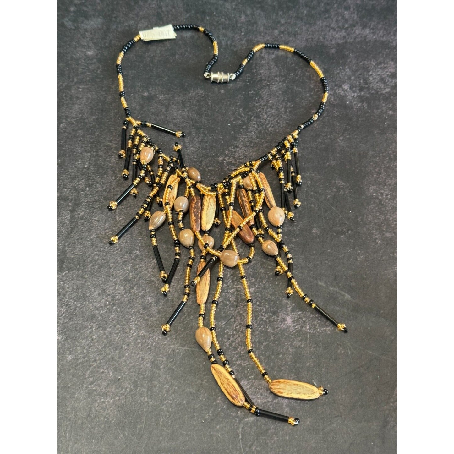 Artisan Amber Black Quartz & Nut Beaded Fringe Choker Necklace 14"