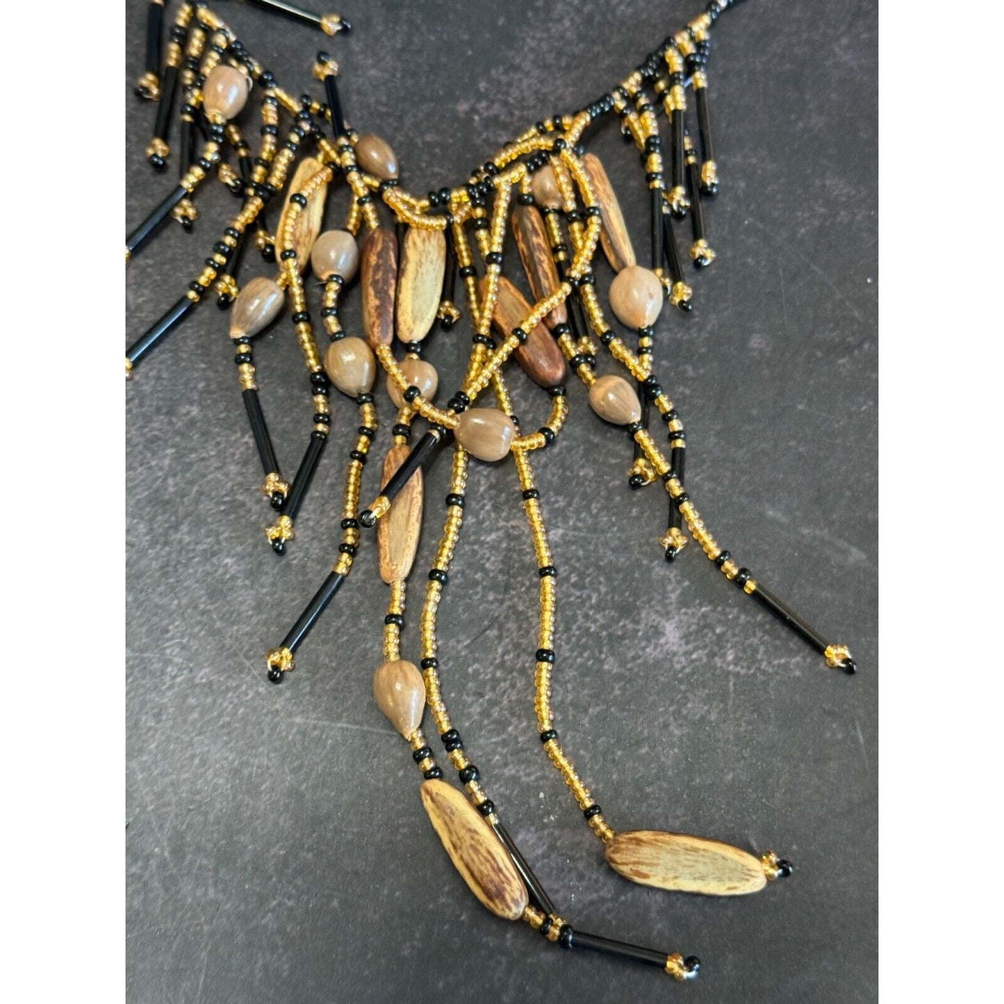 Artisan Amber Black Quartz & Nut Beaded Fringe Choker Necklace 14"