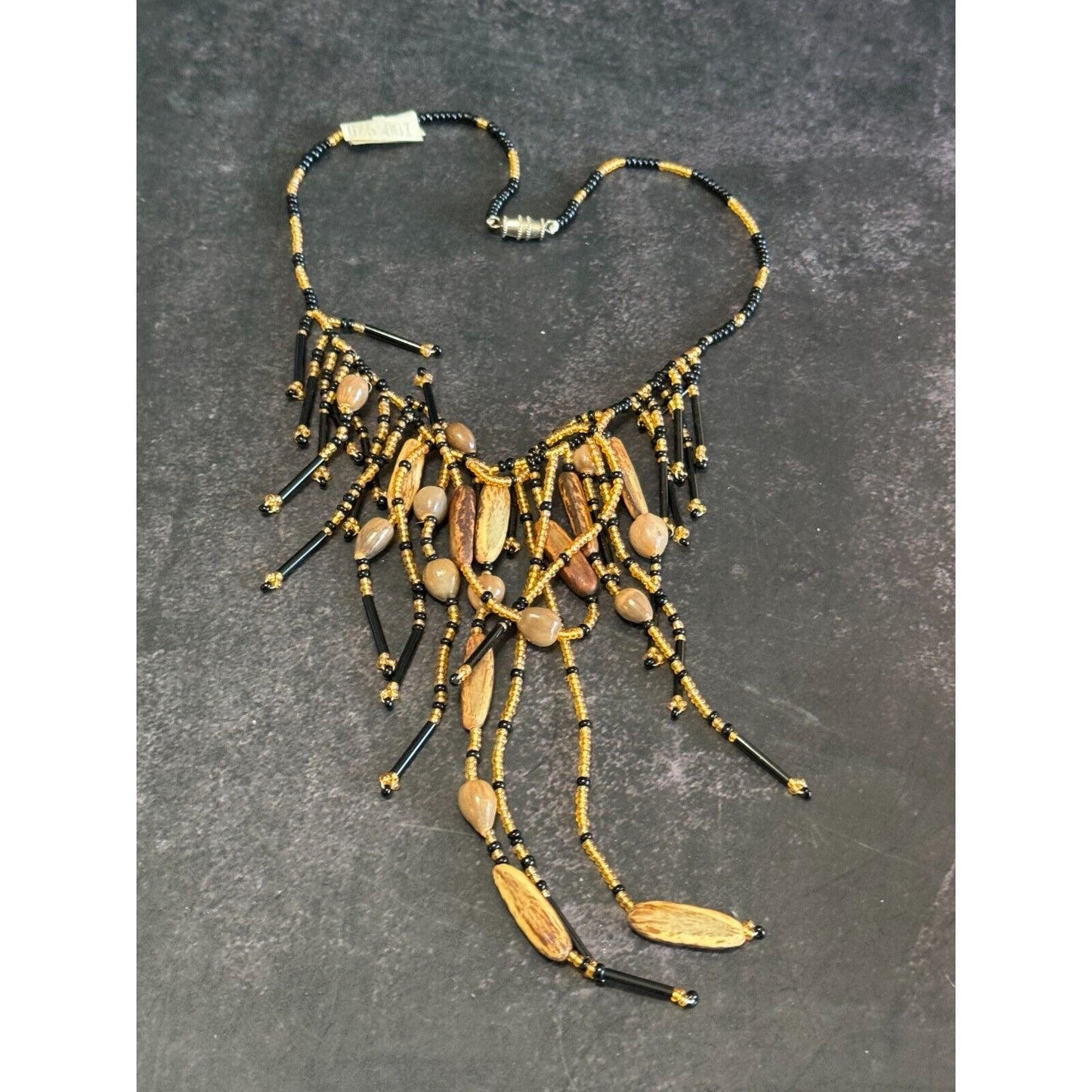 Artisan Amber Black Quartz & Nut Beaded Fringe Choker Necklace 14"