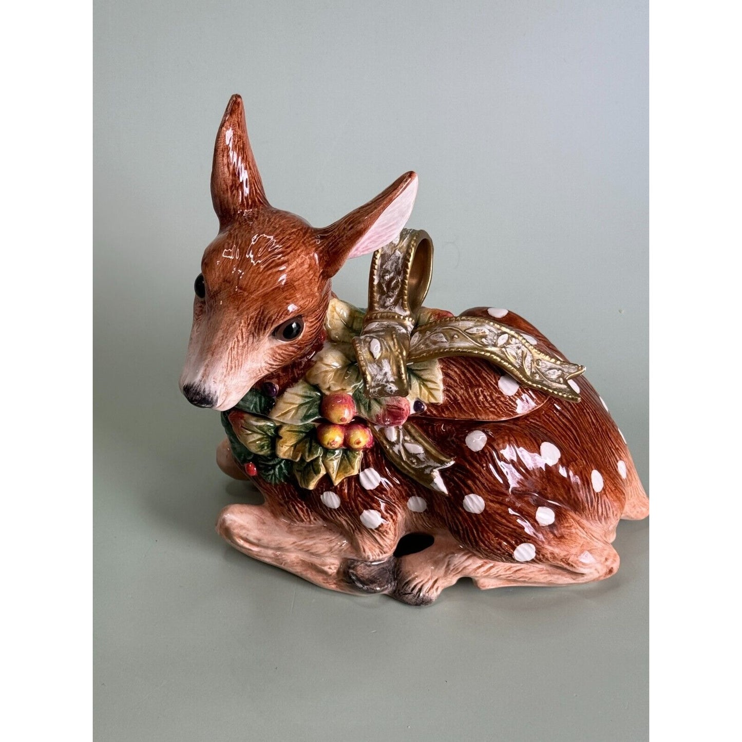 Fitz Floyd Snowy Woods Reindeer Candy Jar Porcelain Container 1996