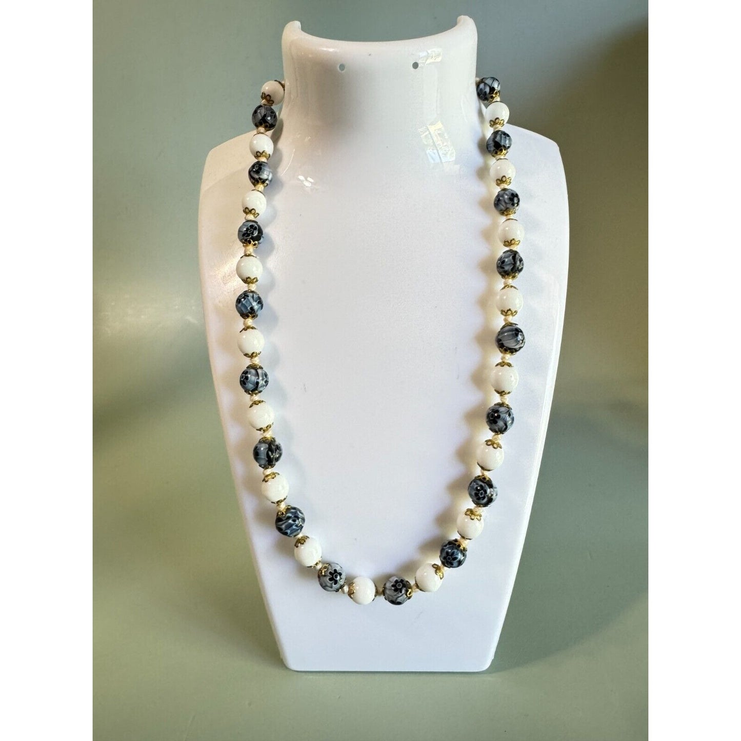 Vintage Venetian Millefiori Blue Floral and White Glass Beaded Necklace 16"