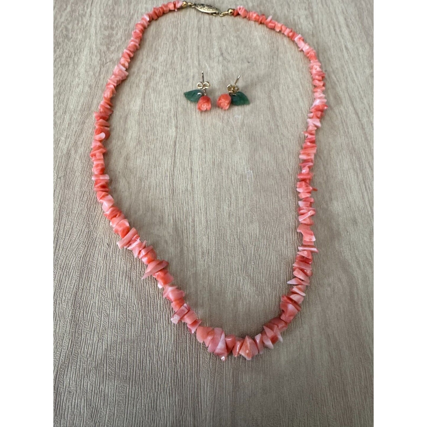 Carved Coral Bead Nuggets Necklace & Rose Earrings Set From Coral World