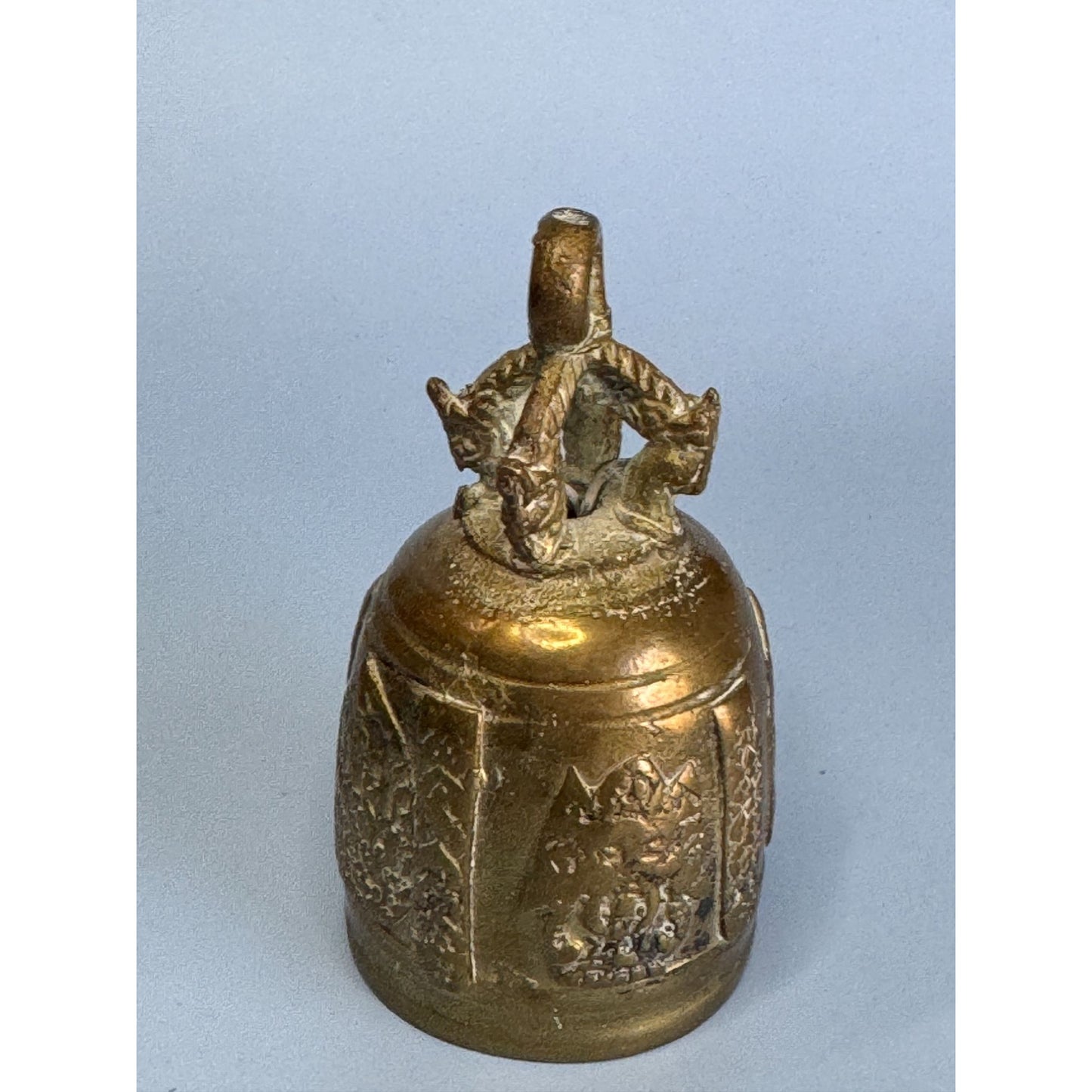 Antique Chinese Brass Guardian Bell Taotie Mask Qing/Republic Era Decorative Piece 3.5" Tall