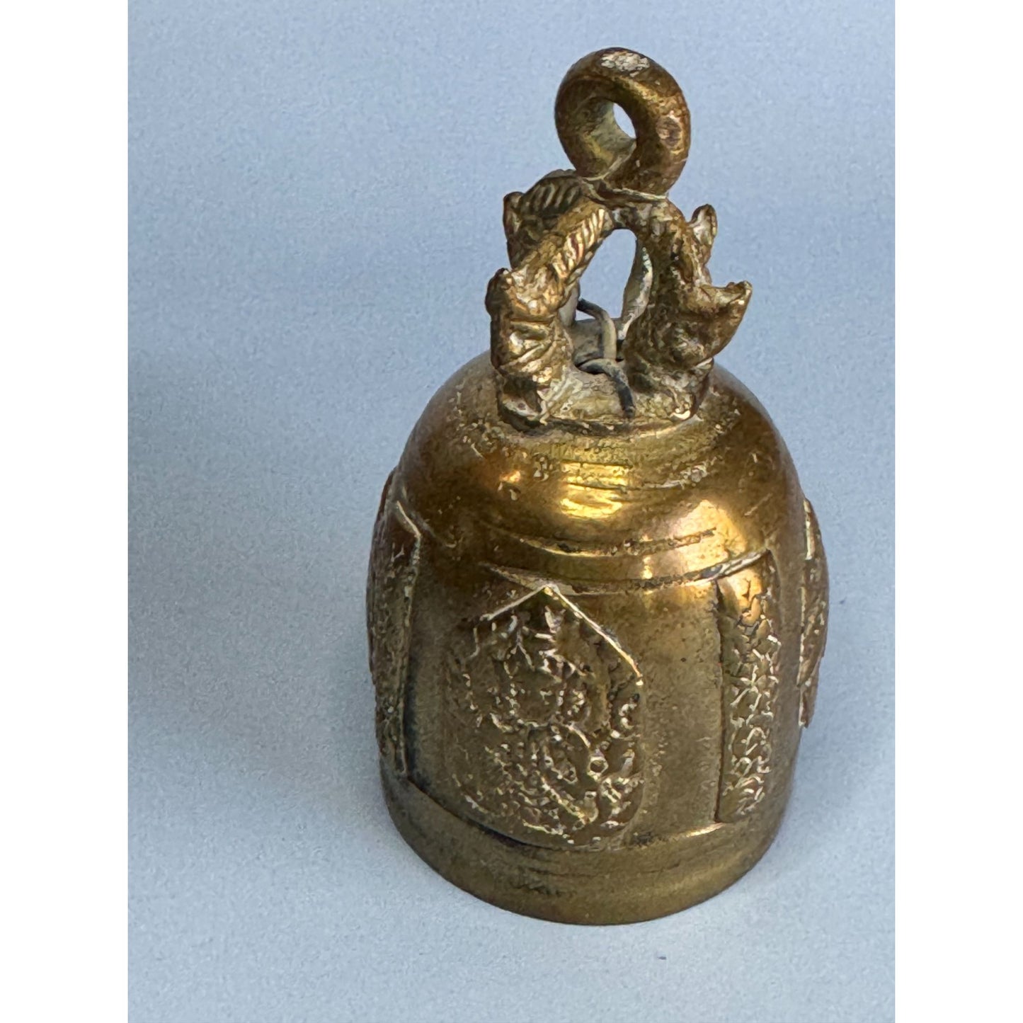 Antique Chinese Brass Guardian Bell Taotie Mask Qing/Republic Era Decorative Piece 3.5" Tall