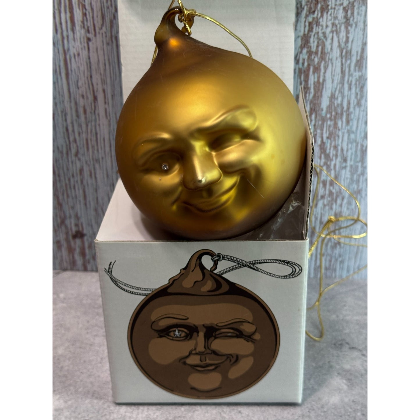 Dept 56 Man In The Moon Glass Ornament Winking Jeweled Eye Gold W/ Original Box 5.5" X 4"