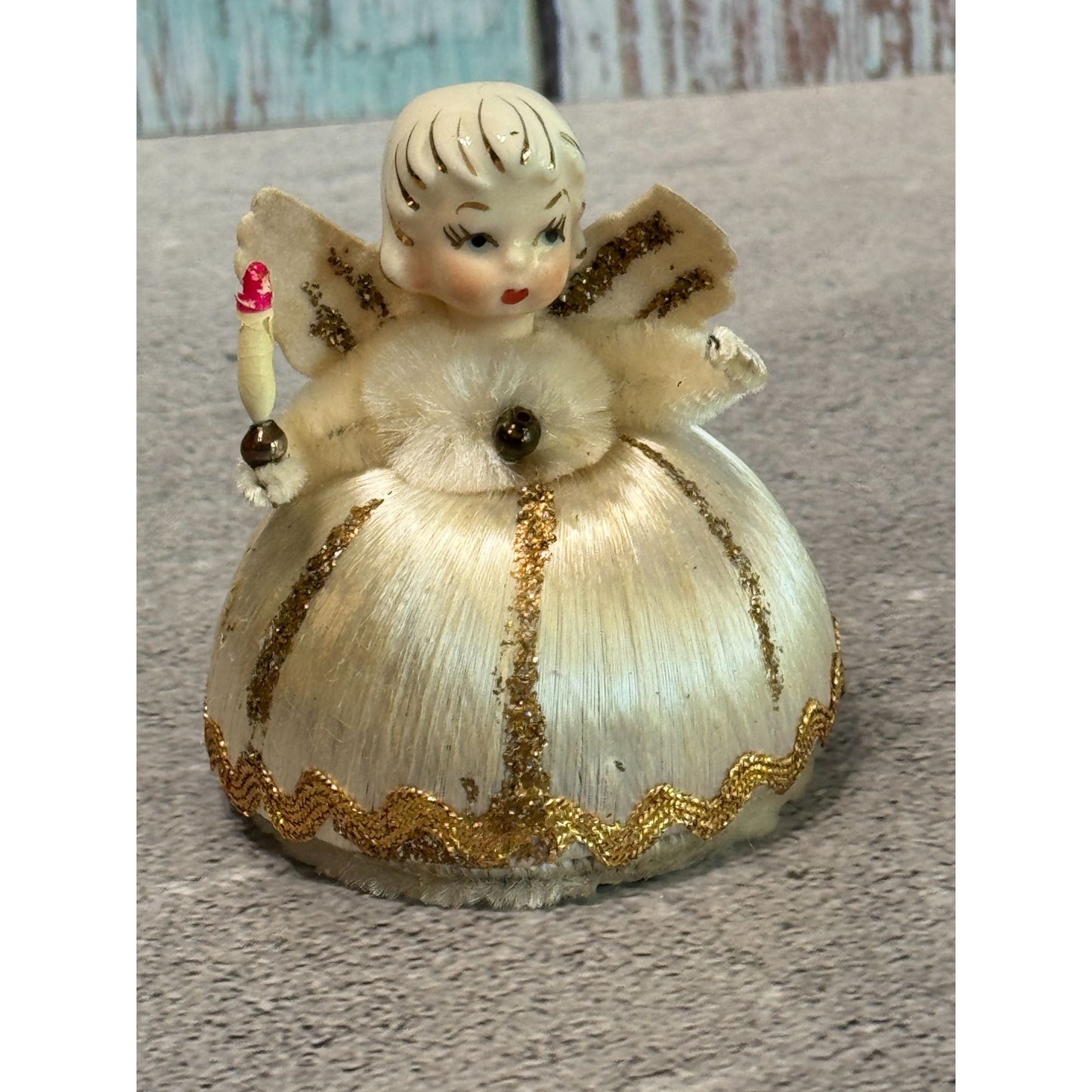 Vintage Japan Ceramic Angel Figurine White Satin Body & Gold Brocade Trim 3"