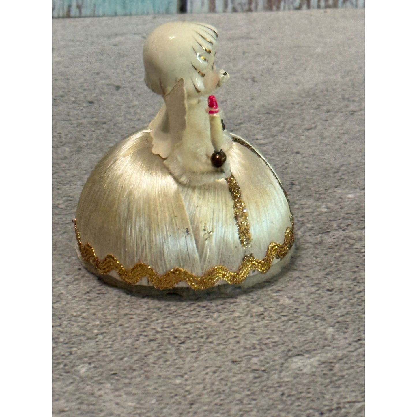 Vintage Japan Ceramic Angel Figurine White Satin Body & Gold Brocade Trim 3"