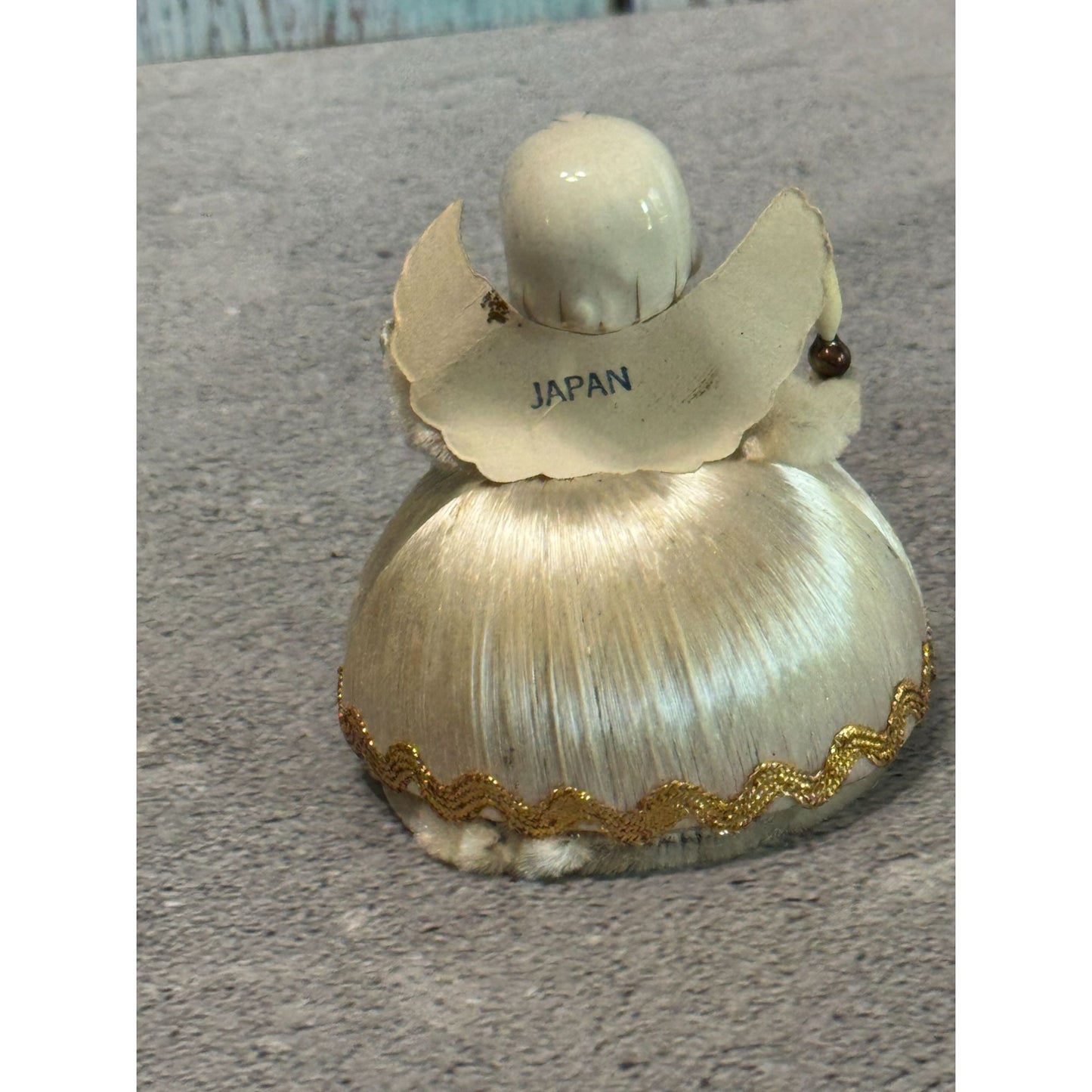 Vintage Japan Ceramic Angel Figurine White Satin Body & Gold Brocade Trim 3"