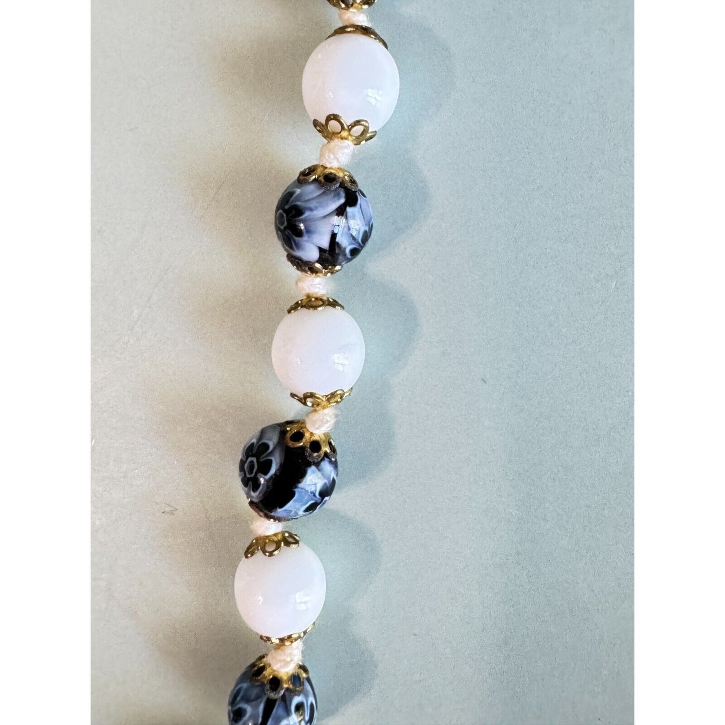 Vintage Venetian Millefiori Blue Floral and White Glass Beaded Necklace 16"