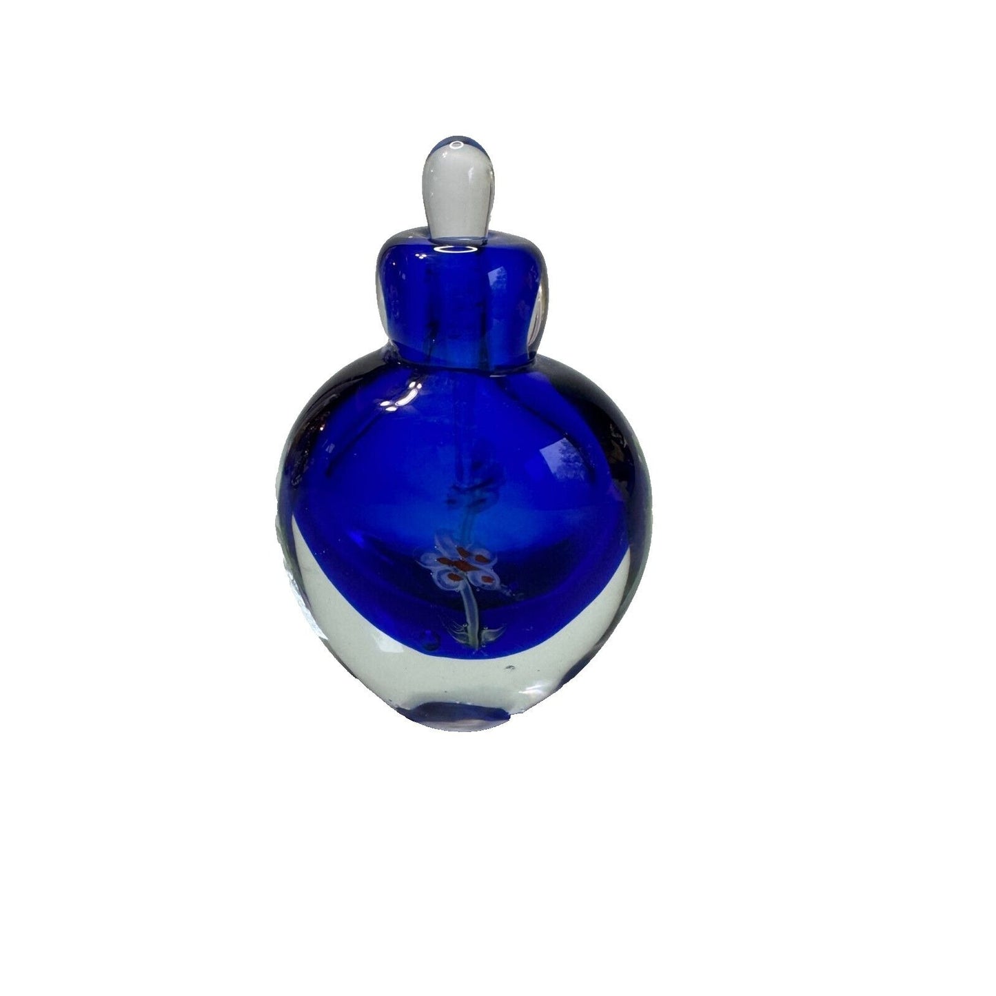 Vintage Cobalt Blue Millefiori Fower Perfume Bottle Art Glass with Stopper Empty