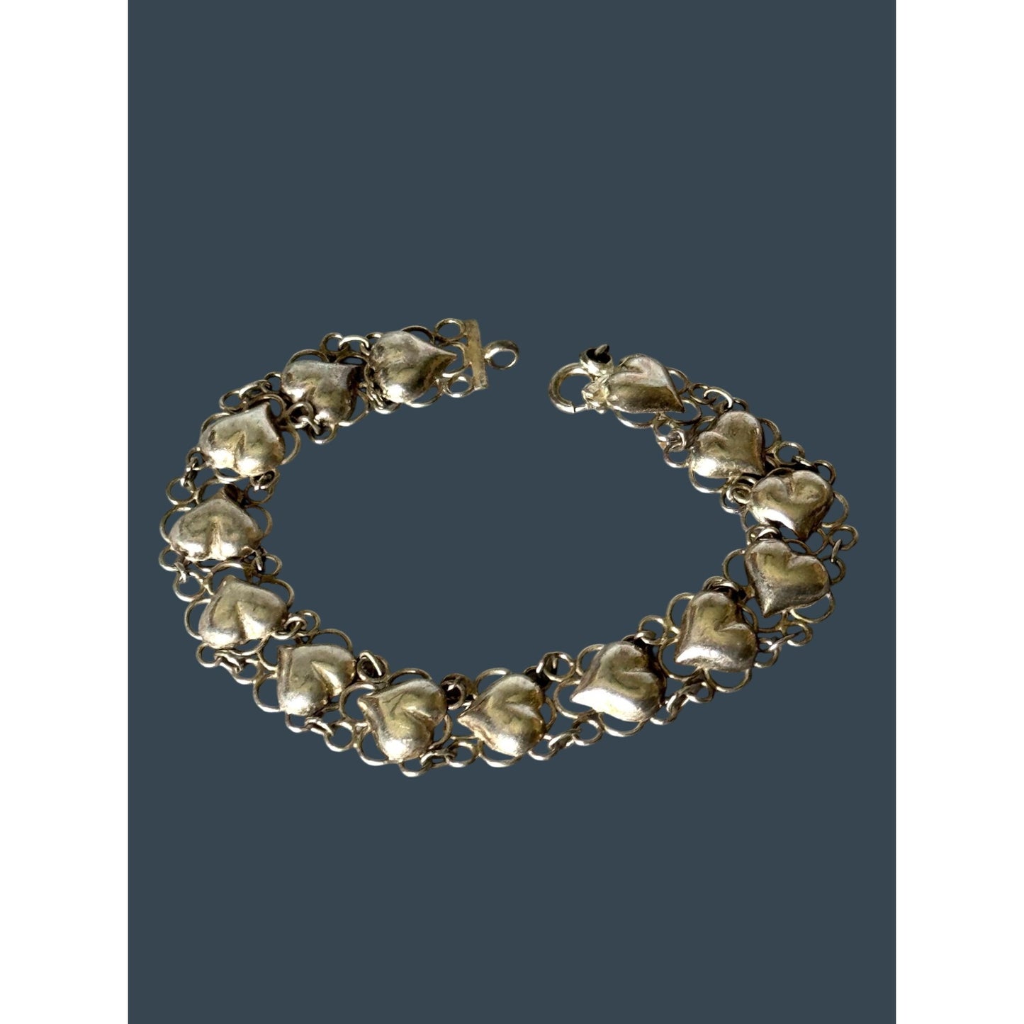 Vintage Sterling Silver Heart Link Bracelet 7.5" 925 Marked On Clasp Elegant Gift