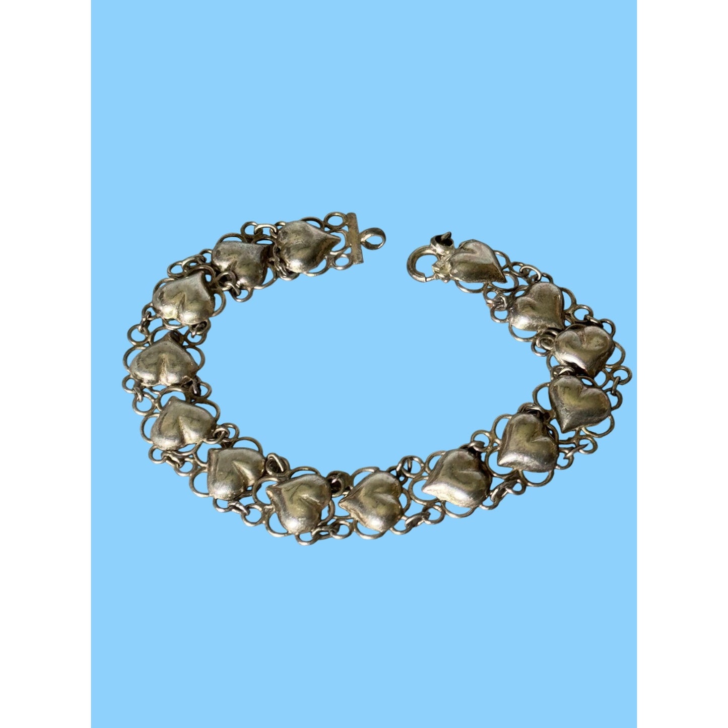 Vintage Sterling Silver Heart Link Bracelet 7.5" 925 Marked On Clasp Elegant Gift