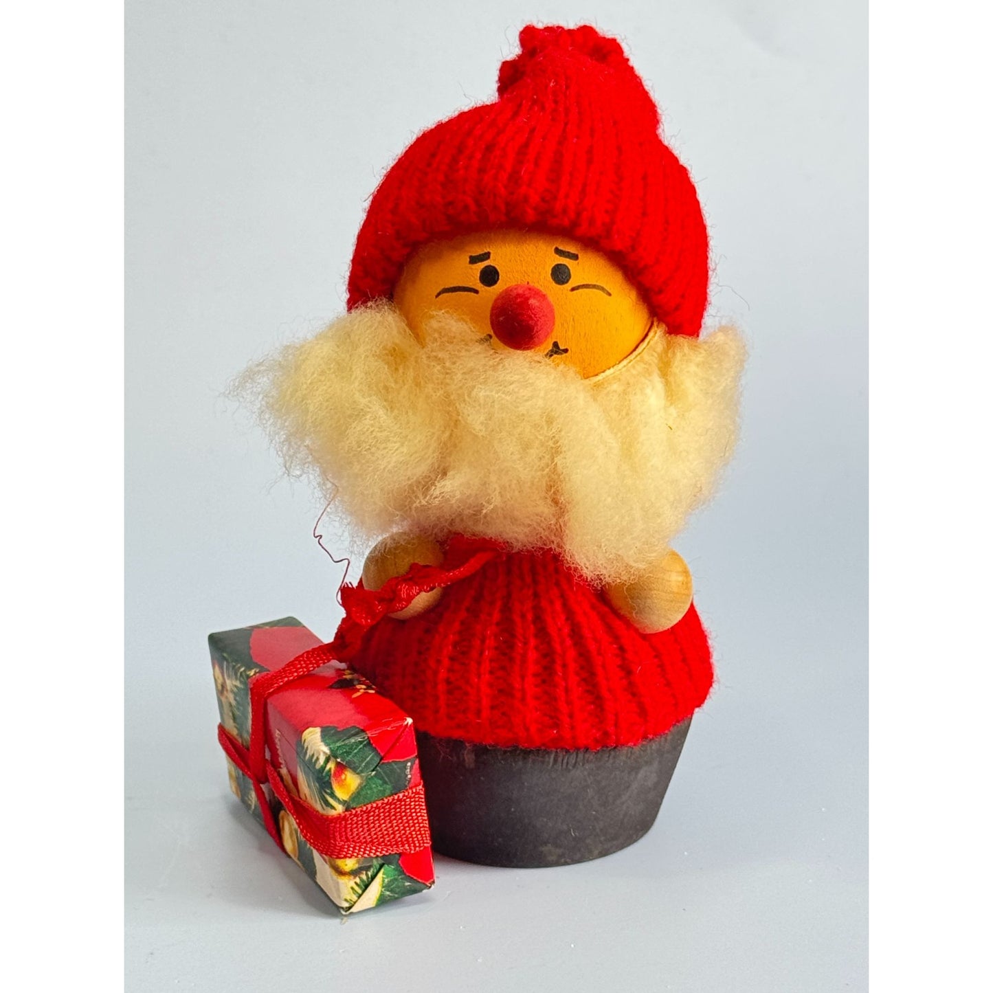 Swedish Tomte Gnome Santa Elf Figurine With Wood Body & Spun Cotton Beard