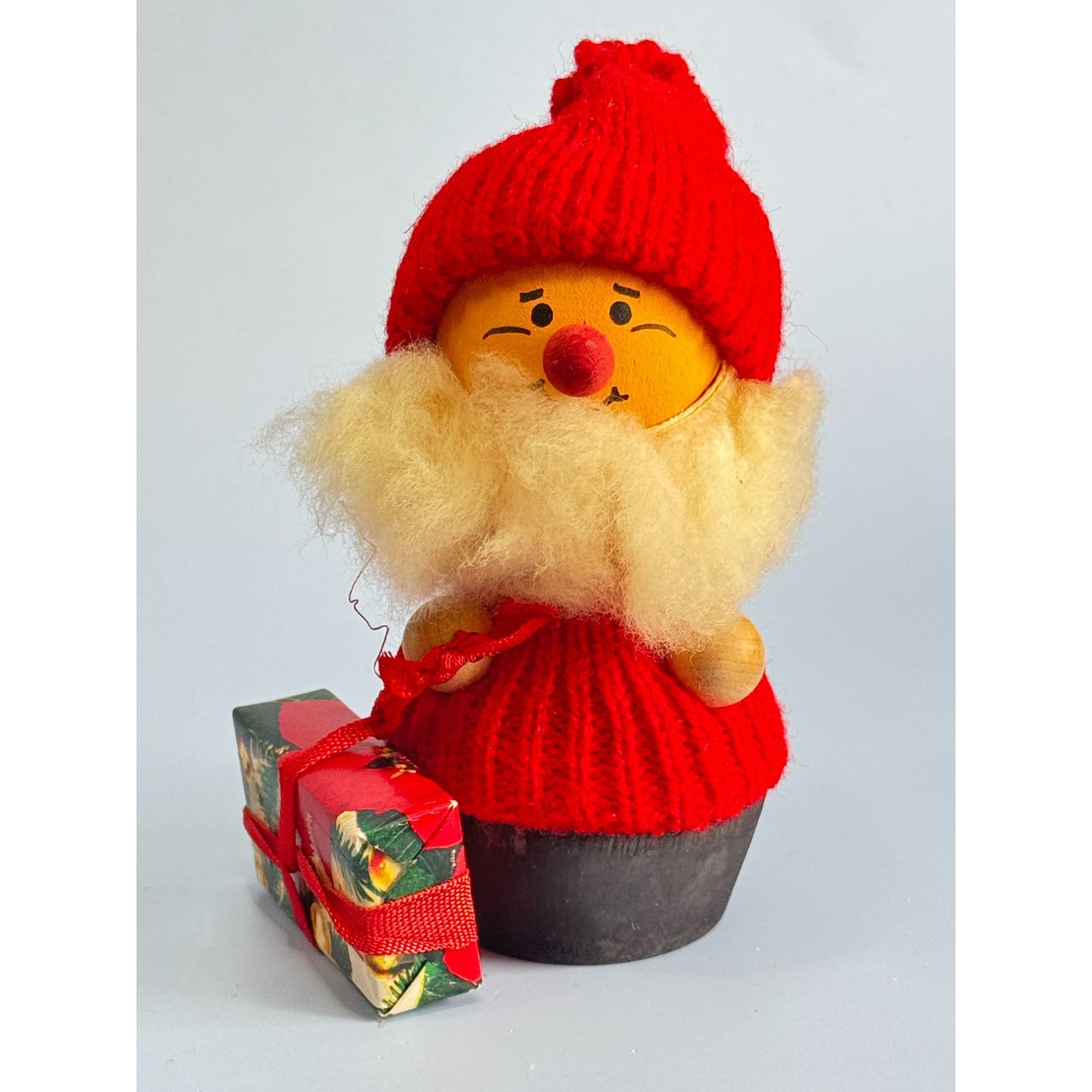 Swedish Tomte Gnome Santa Elf Figurine With Wood Body & Spun Cotton Beard