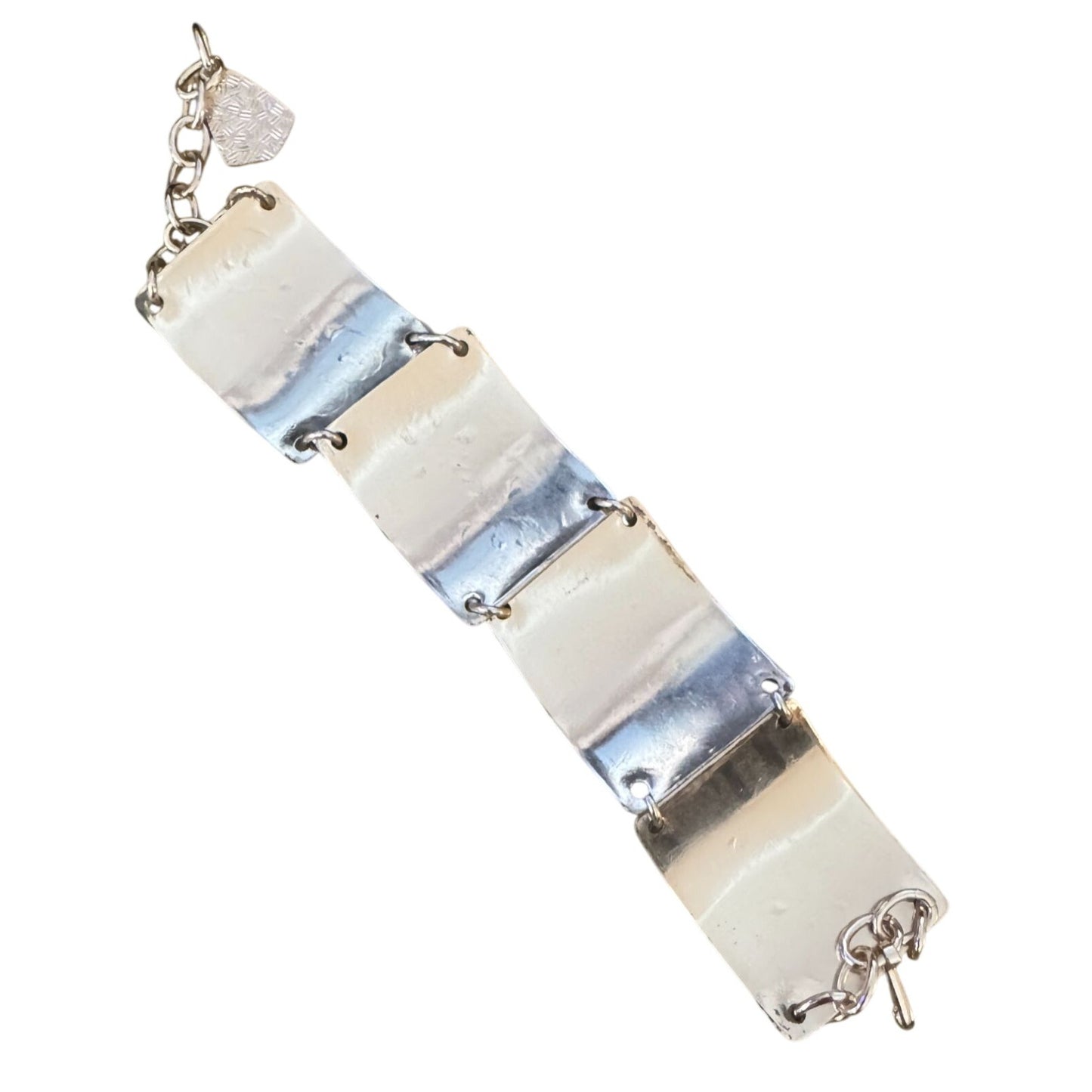 Enamel Link Bracelet Blue Red Embossed Pebble Silver-Tone Adjustable 7-8.5 Inch