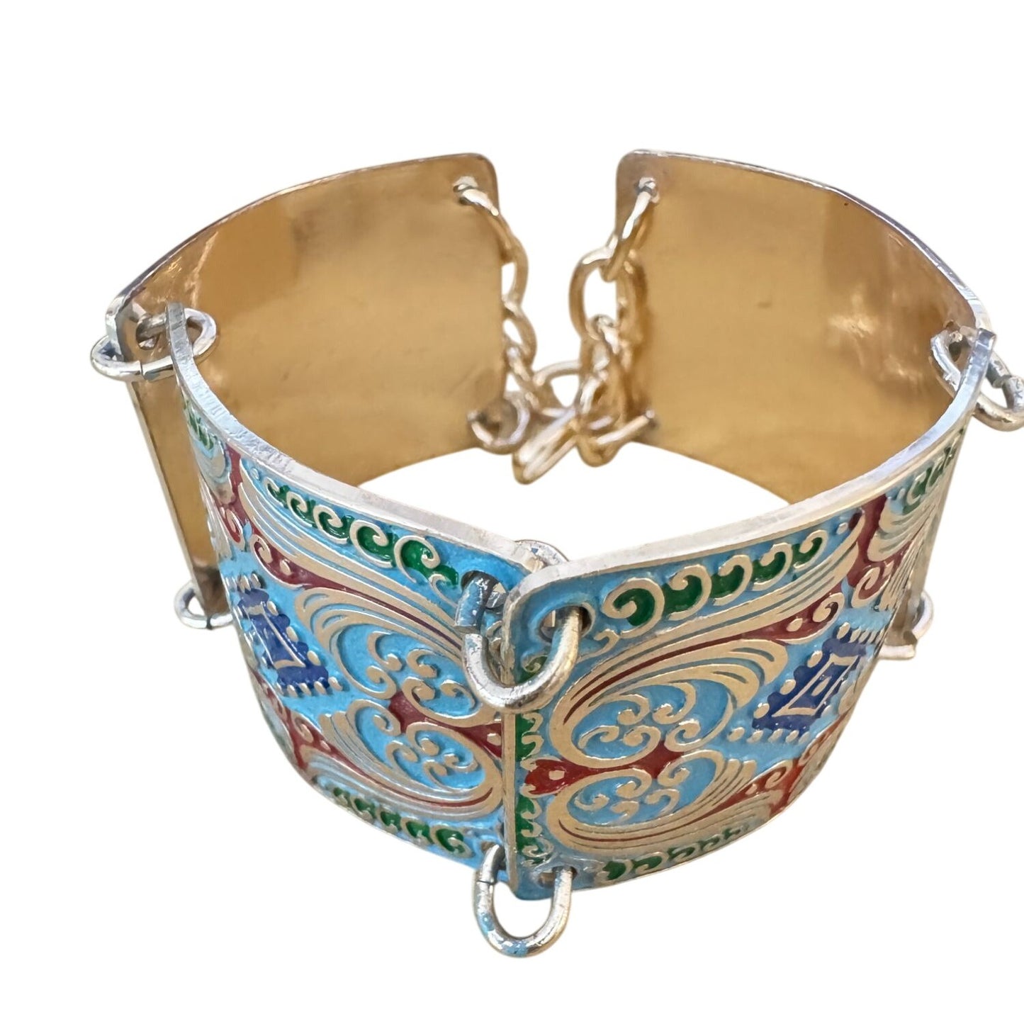 Enamel Link Bracelet Blue Red Embossed Pebble Silver-Tone Adjustable 7-8.5 Inch