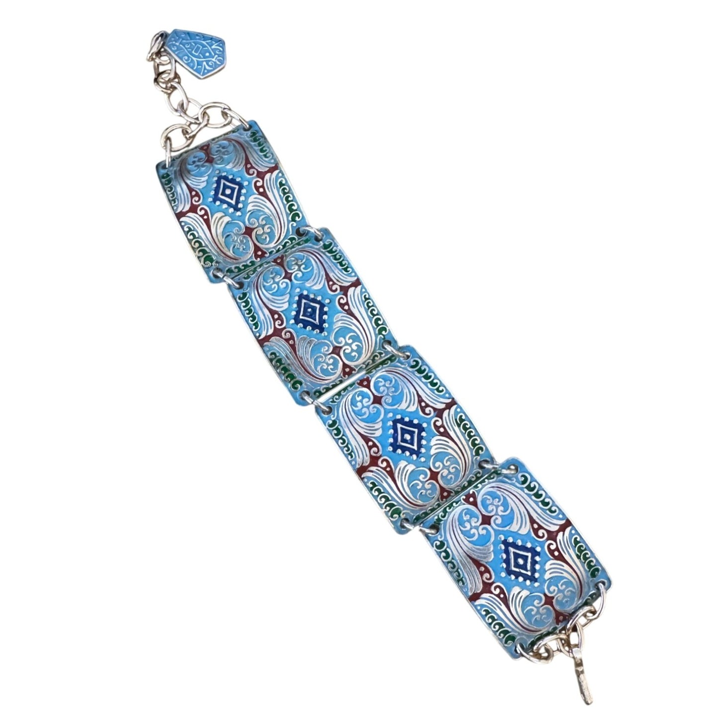 Enamel Link Bracelet Blue Red Embossed Pebble Silver-Tone Adjustable 7-8.5 Inch