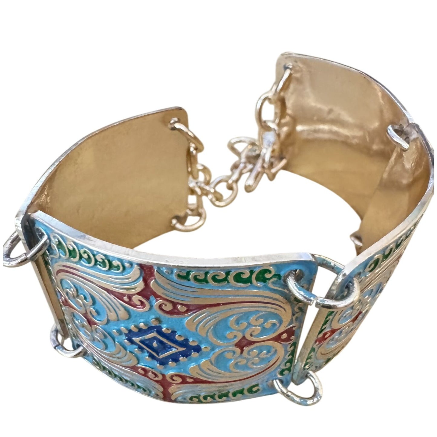 Enamel Link Bracelet Blue Red Embossed Pebble Silver-Tone Adjustable 7-8.5 Inch