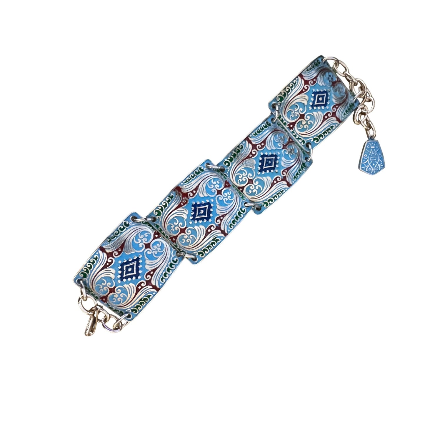 Enamel Link Bracelet Blue Red Embossed Pebble Silver-Tone Adjustable 7-8.5 Inch