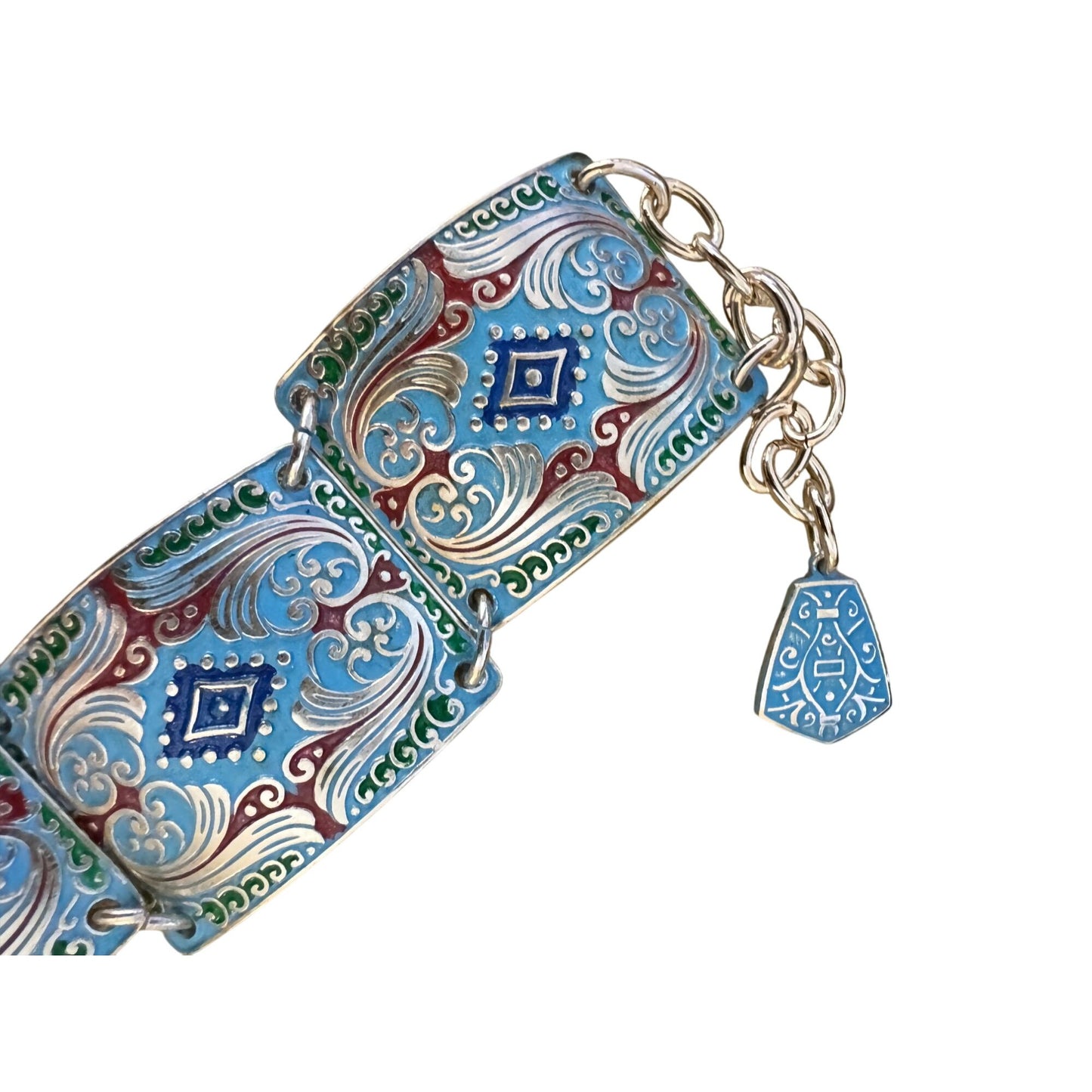 Enamel Link Bracelet Blue Red Embossed Pebble Silver-Tone Adjustable 7-8.5 Inch