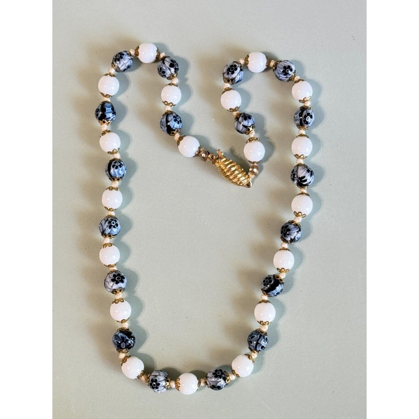 Vintage Venetian Millefiori Blue Floral and White Glass Beaded Necklace 16"