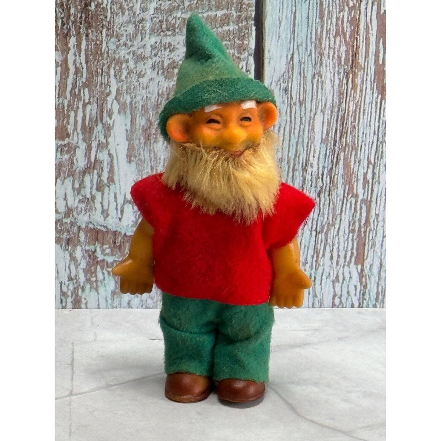 Vintage Plastic Chenille Gnome Elf with Articulated Head Arms Spun Cotton Beard