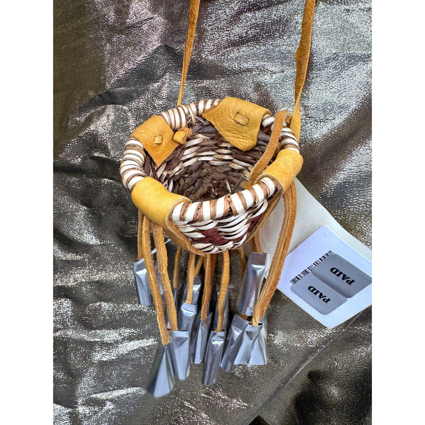 Native American Miniature Burden Basket Leather Jingles Bien Mur Indian Market