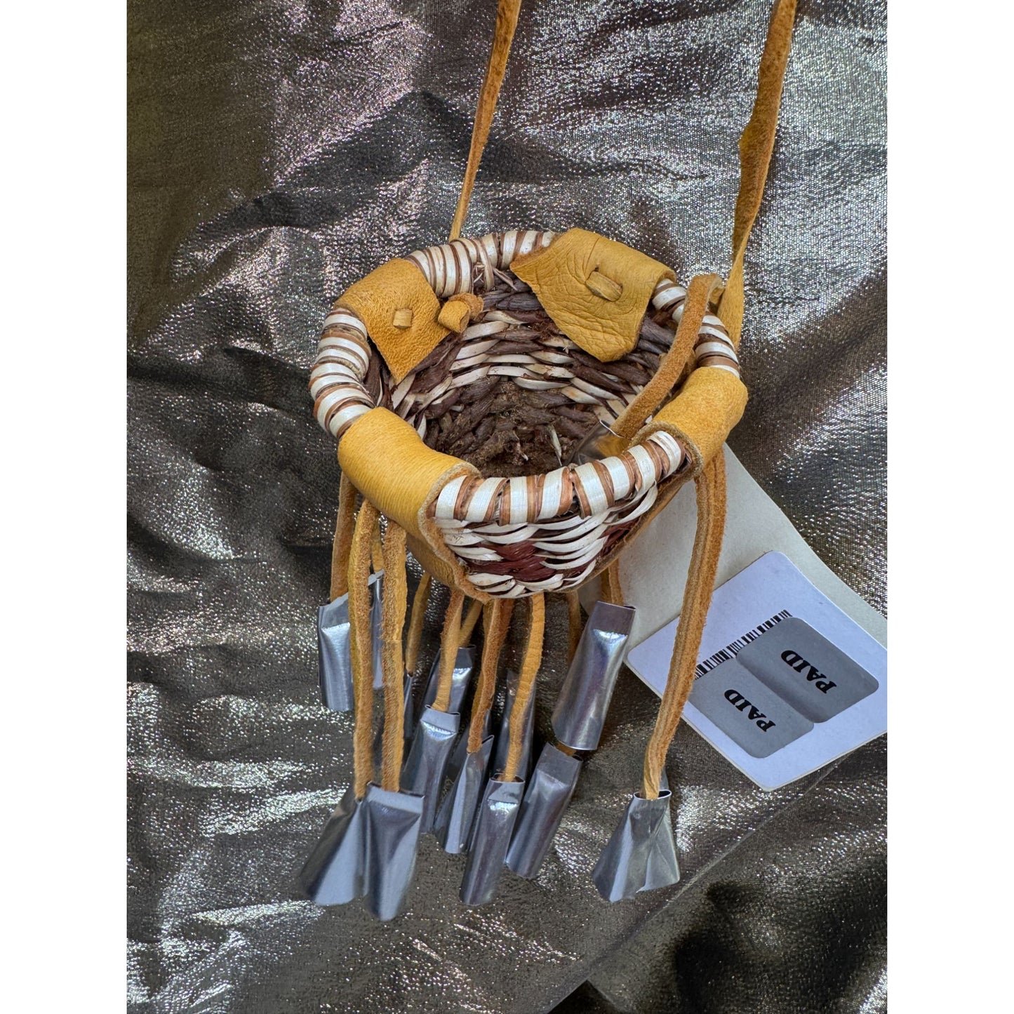 Native American Miniature Burden Basket Leather Jingles Bien Mur Indian Market