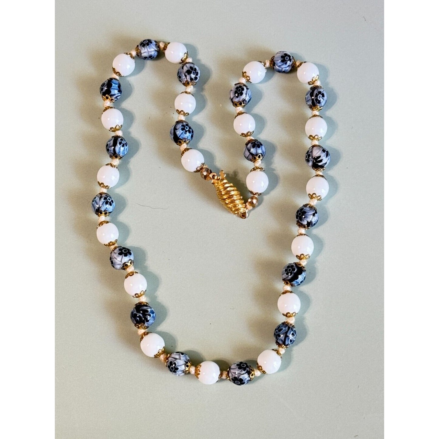 Vintage Venetian Millefiori Blue Floral and White Glass Beaded Necklace 16"