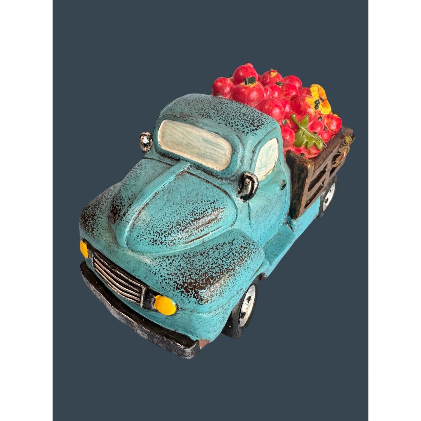 Robert Stanley 2014 Blue Truck Figurine With Apples & Flowers 7.5" Long 4" Tall