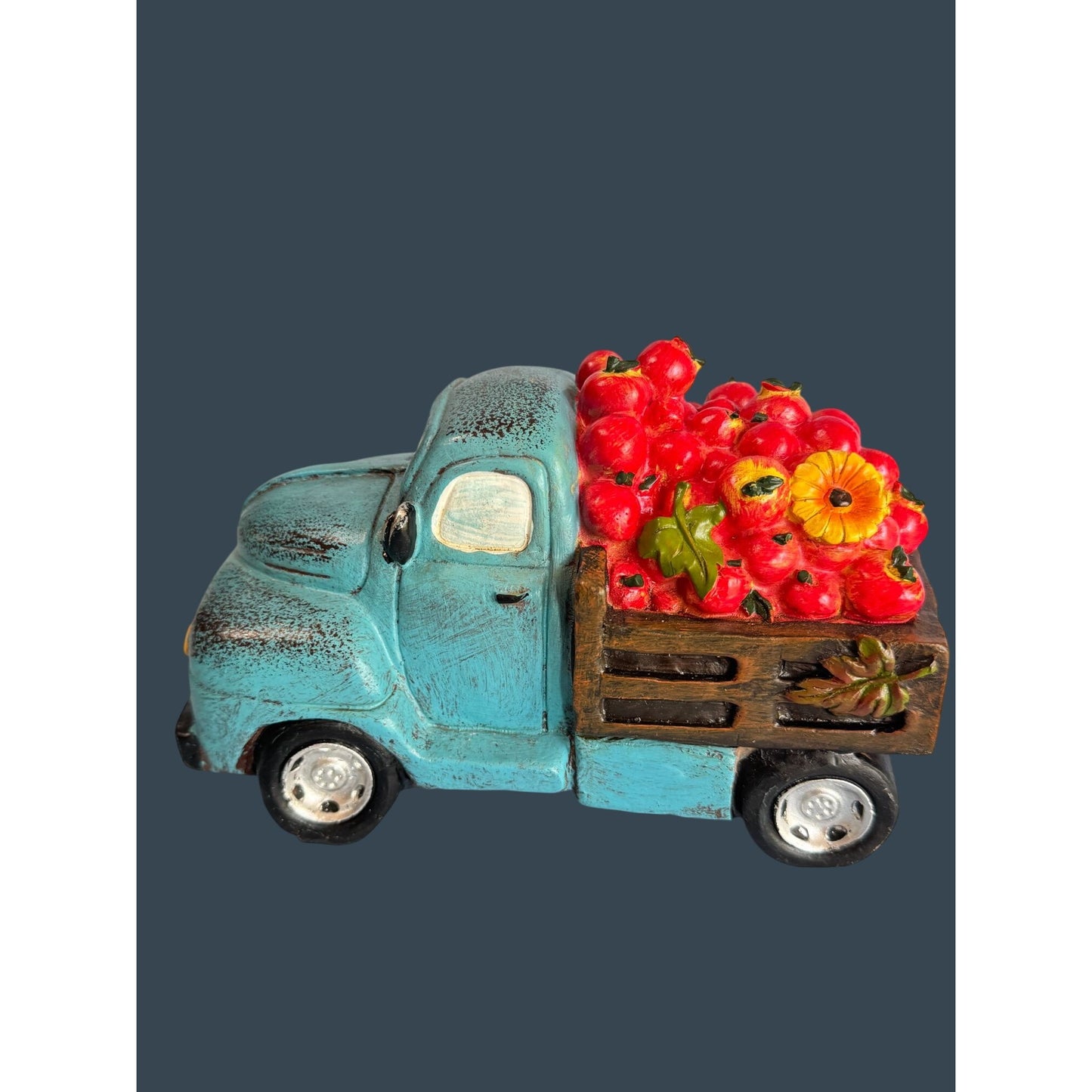 Robert Stanley 2014 Blue Truck Figurine With Apples & Flowers 7.5" Long 4" Tall