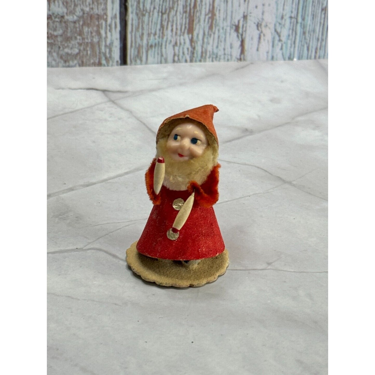 Vintage Plastic Chenille Gnome Elf with Articulated Head Arms Spun Cotton Beard