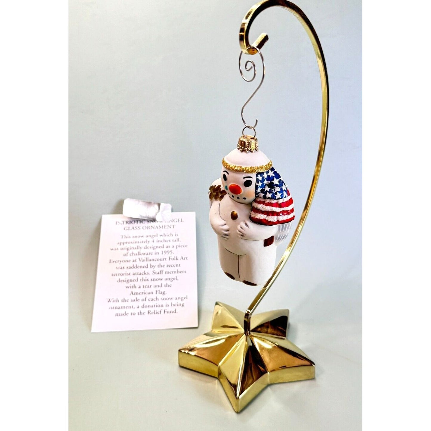Vaillancourt Folk Art Patriotic Snowman Angel Glass Ornament 2001 w/Stand & Card