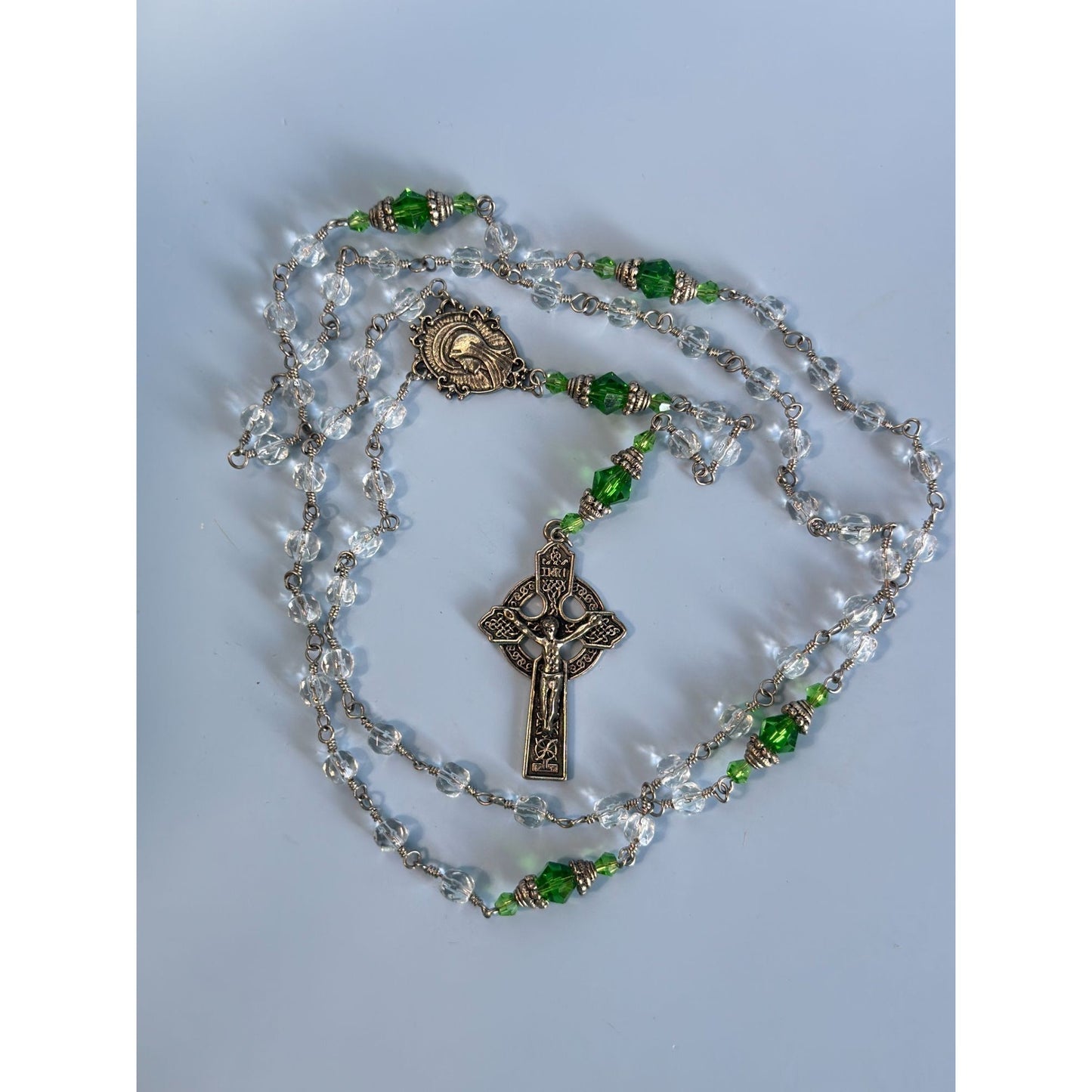 Celtic Glass Beaded Rosary With Green & Clear Beads 23 1/2" Long