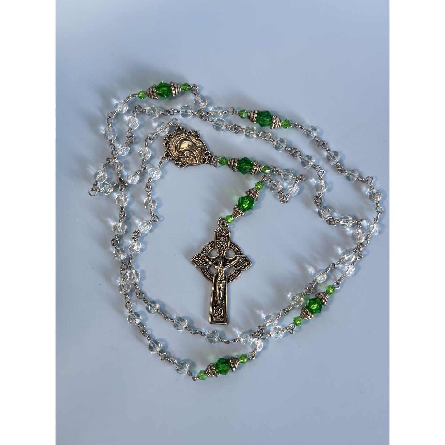 Celtic Glass Beaded Rosary With Green & Clear Beads 23 1/2" Long