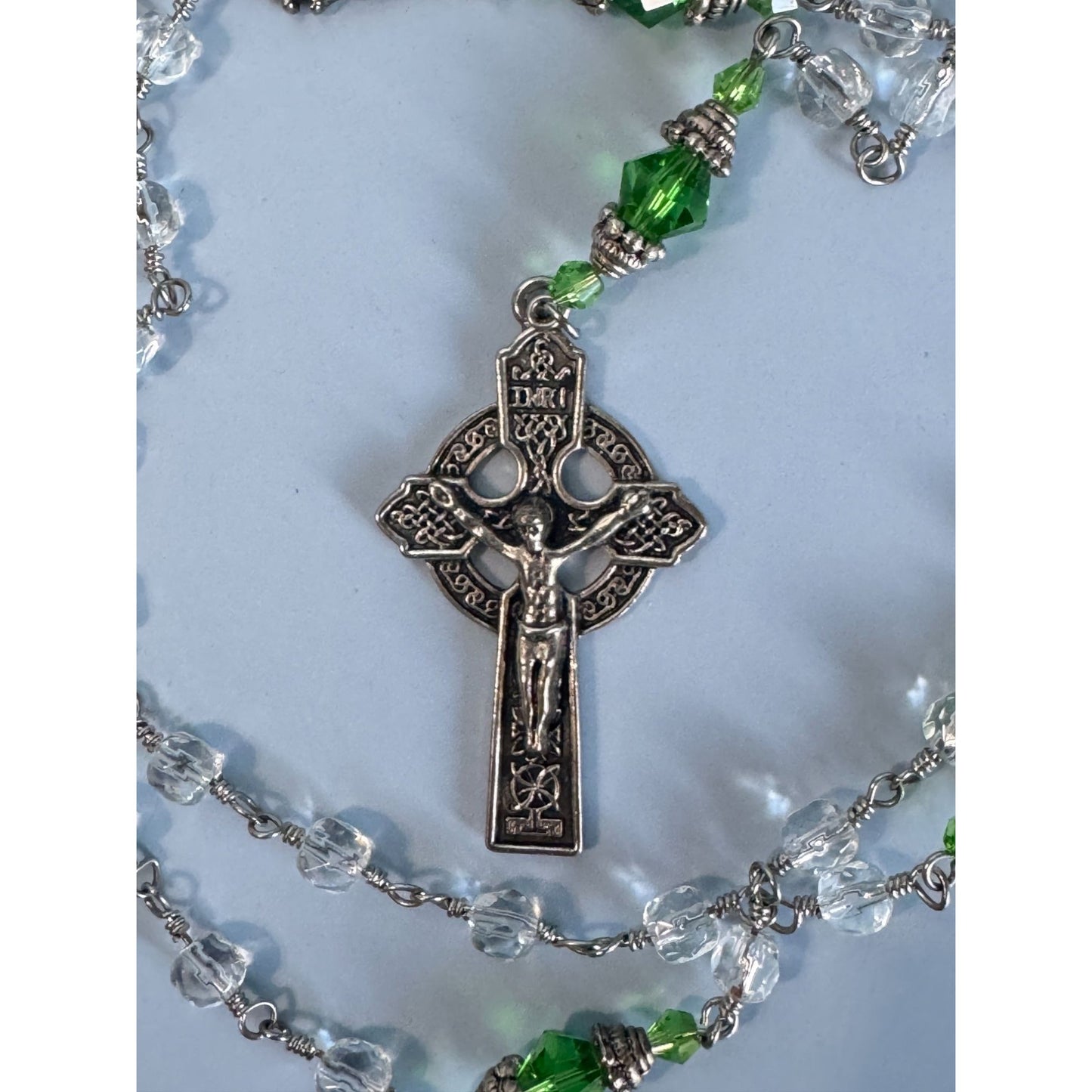 Celtic Glass Beaded Rosary With Green & Clear Beads 23 1/2" Long