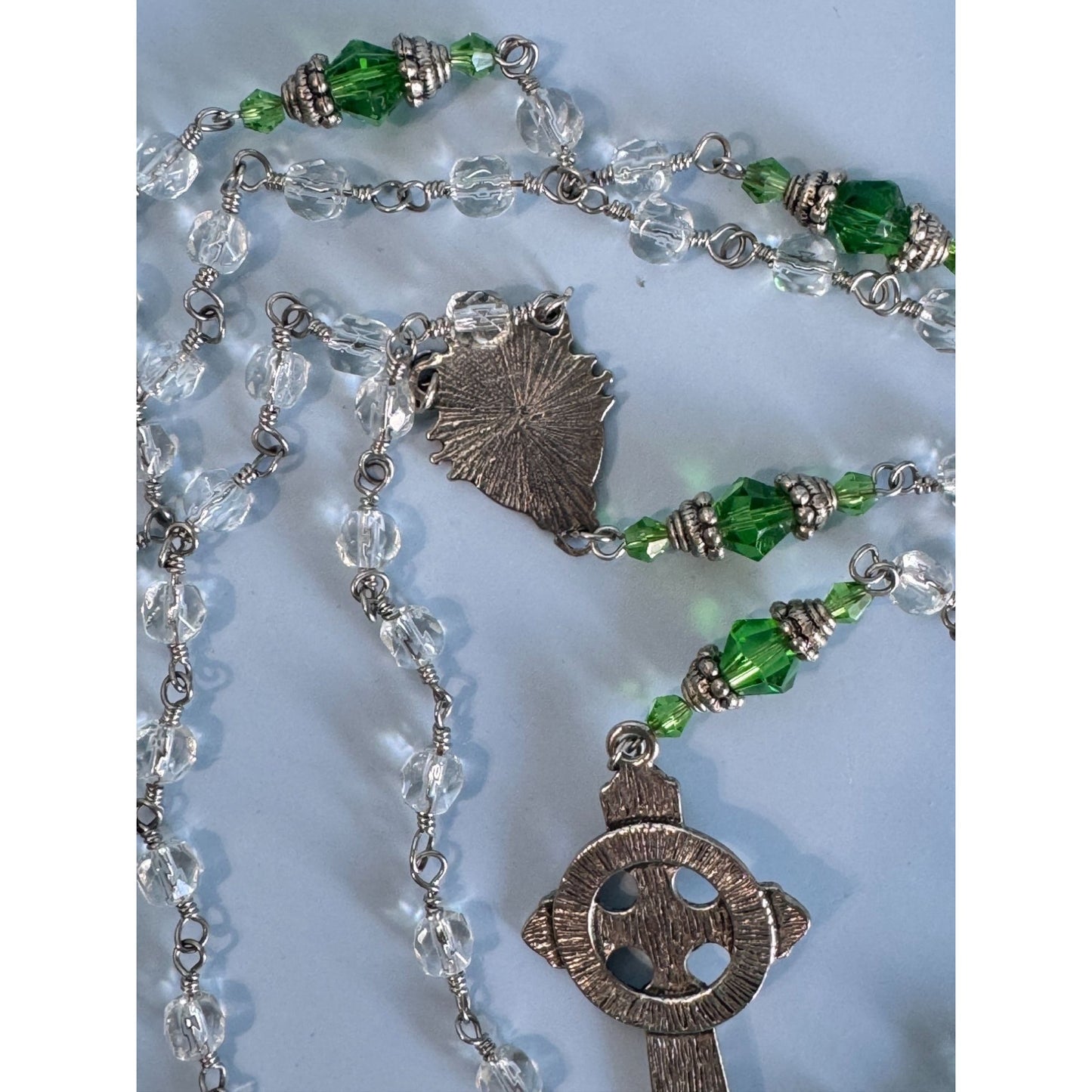 Celtic Glass Beaded Rosary With Green & Clear Beads 23 1/2" Long