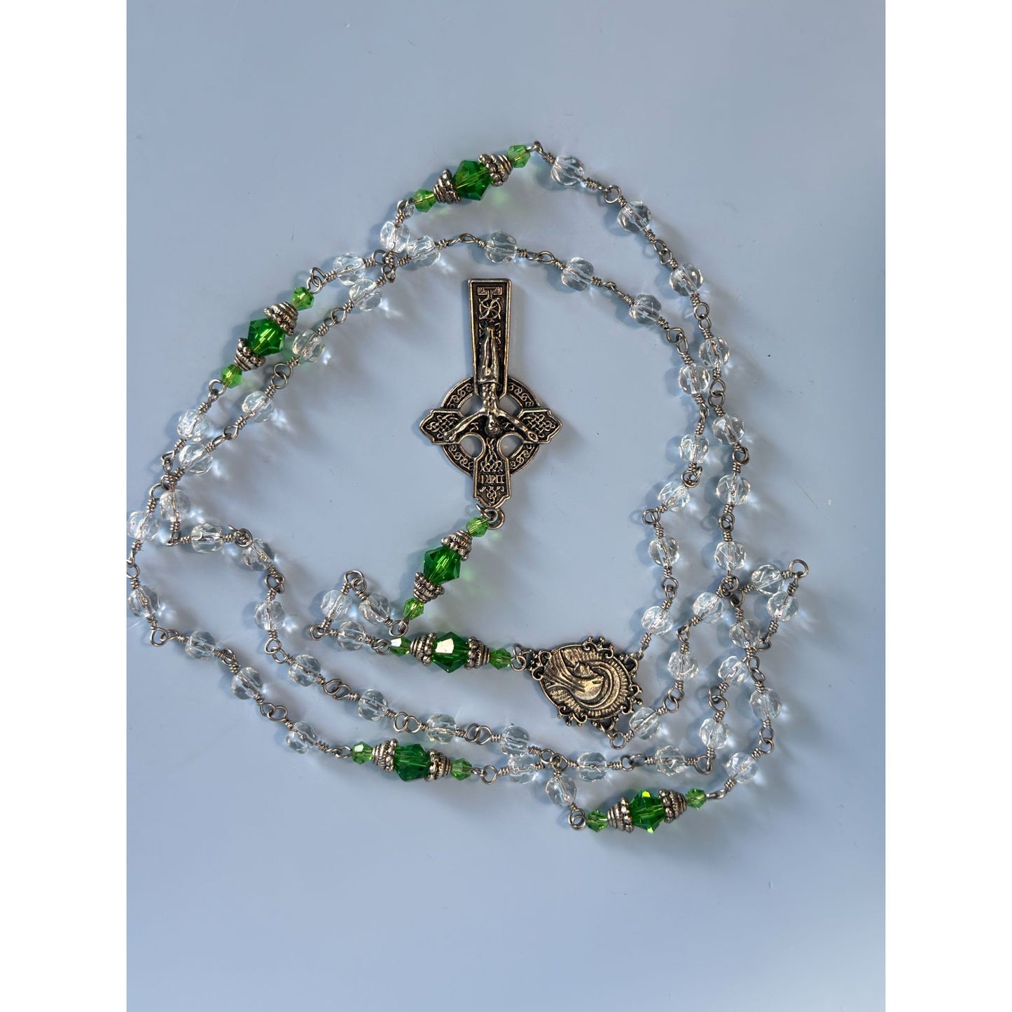 Celtic Glass Beaded Rosary With Green & Clear Beads 23 1/2" Long