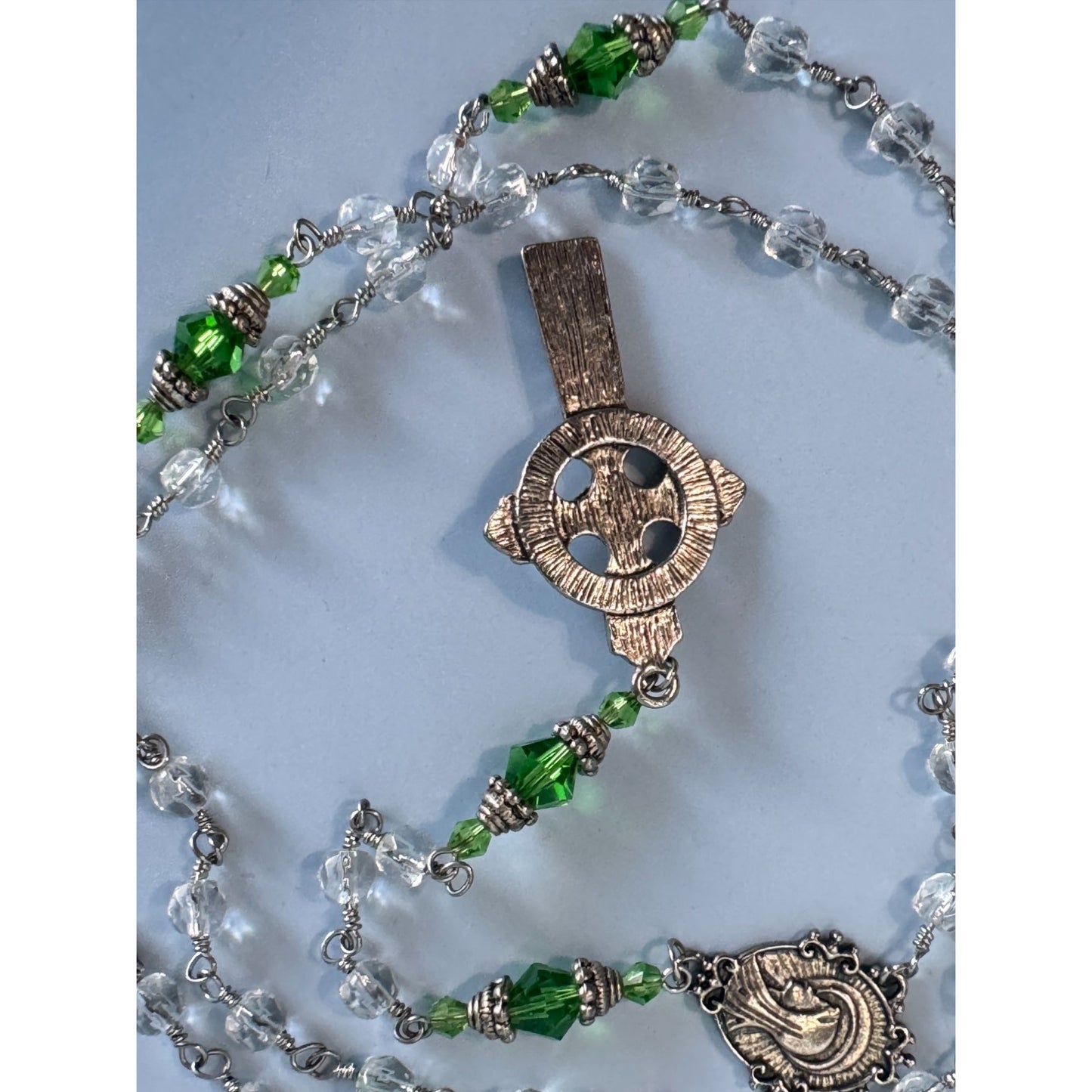 Celtic Glass Beaded Rosary With Green & Clear Beads 23 1/2" Long