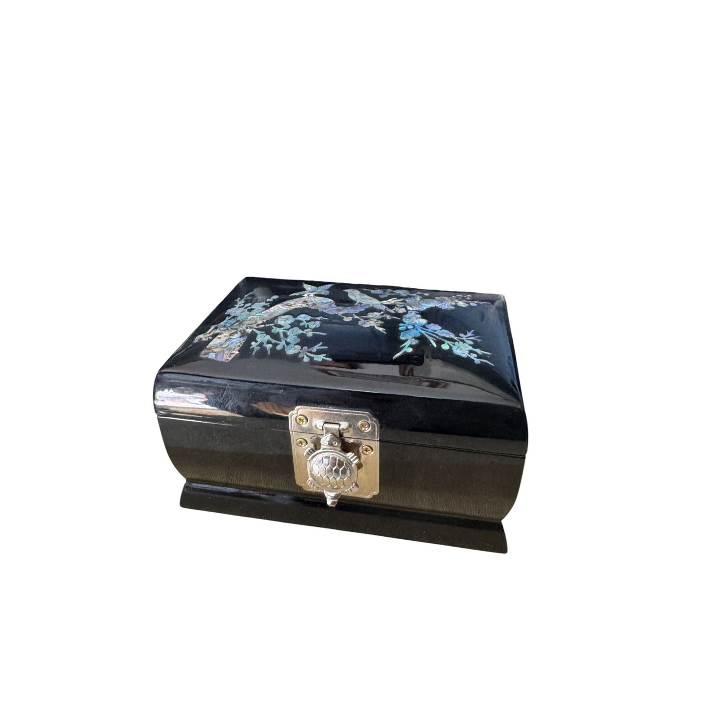 Sanyo Jewelry Music Box Black Lacquer Abalone MOP Inlay 5 3/4 Inch
