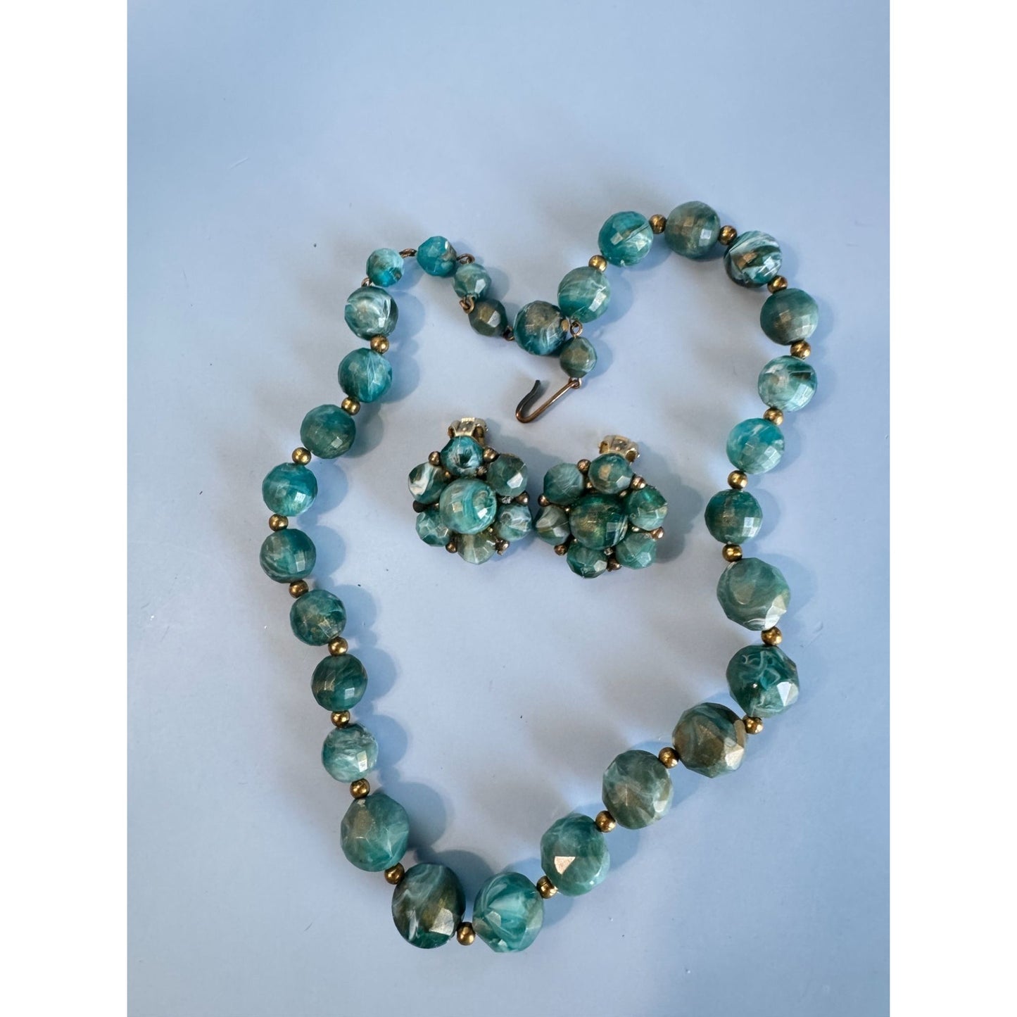 Vintage Kramer Midcentury Blue Beaded Necklace & Clip-On Earrings Set