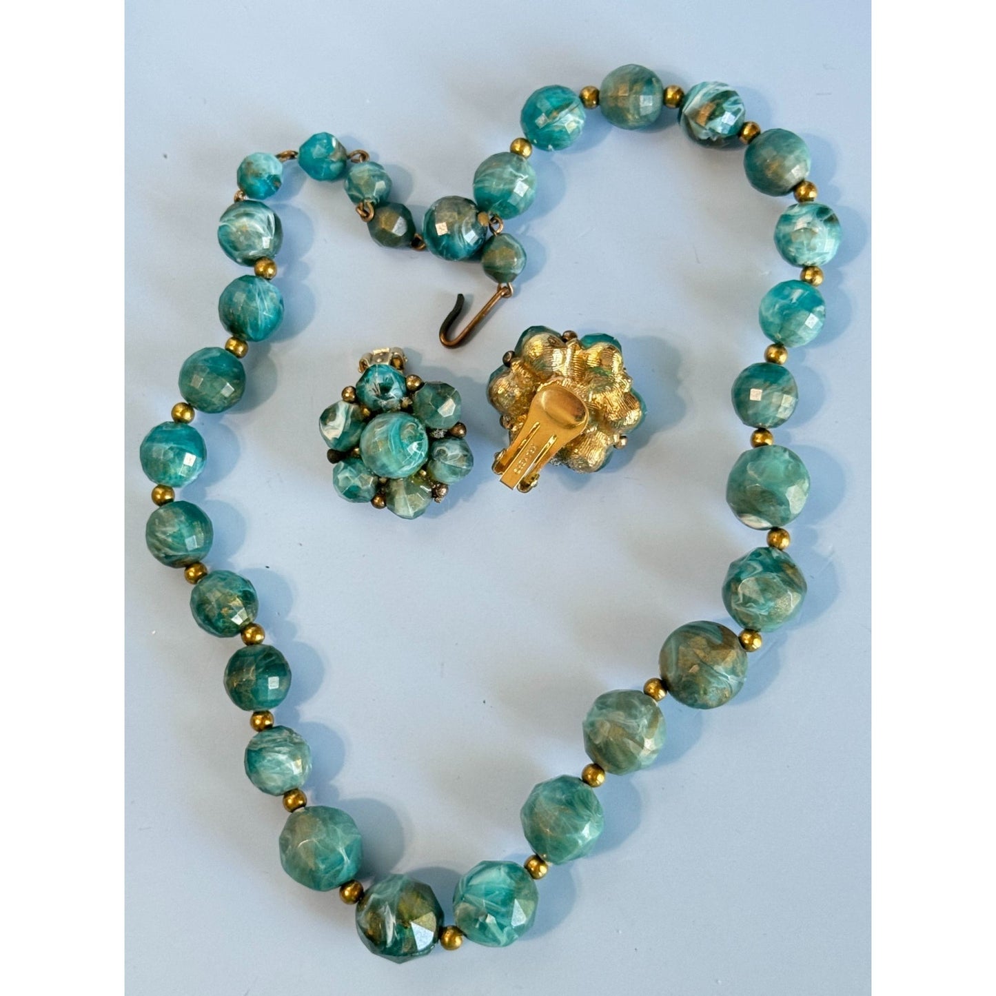 Vintage Kramer Midcentury Blue Beaded Necklace & Clip-On Earrings Set